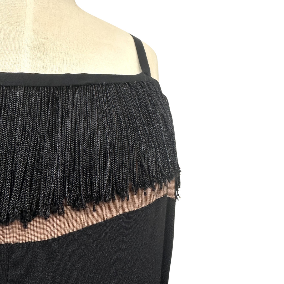 Vintage 1940s Original by Miss America Black Fringe Nude Illusion Wiggle Dress