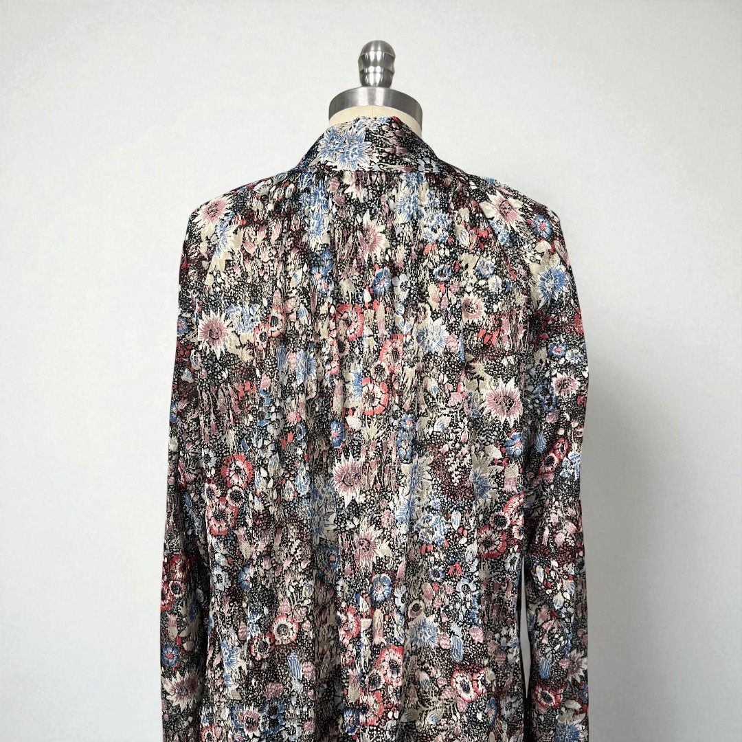 Vintage 70s Boho Long Sleeve Multicolor Floral Print Mesh Midi Dress S/M