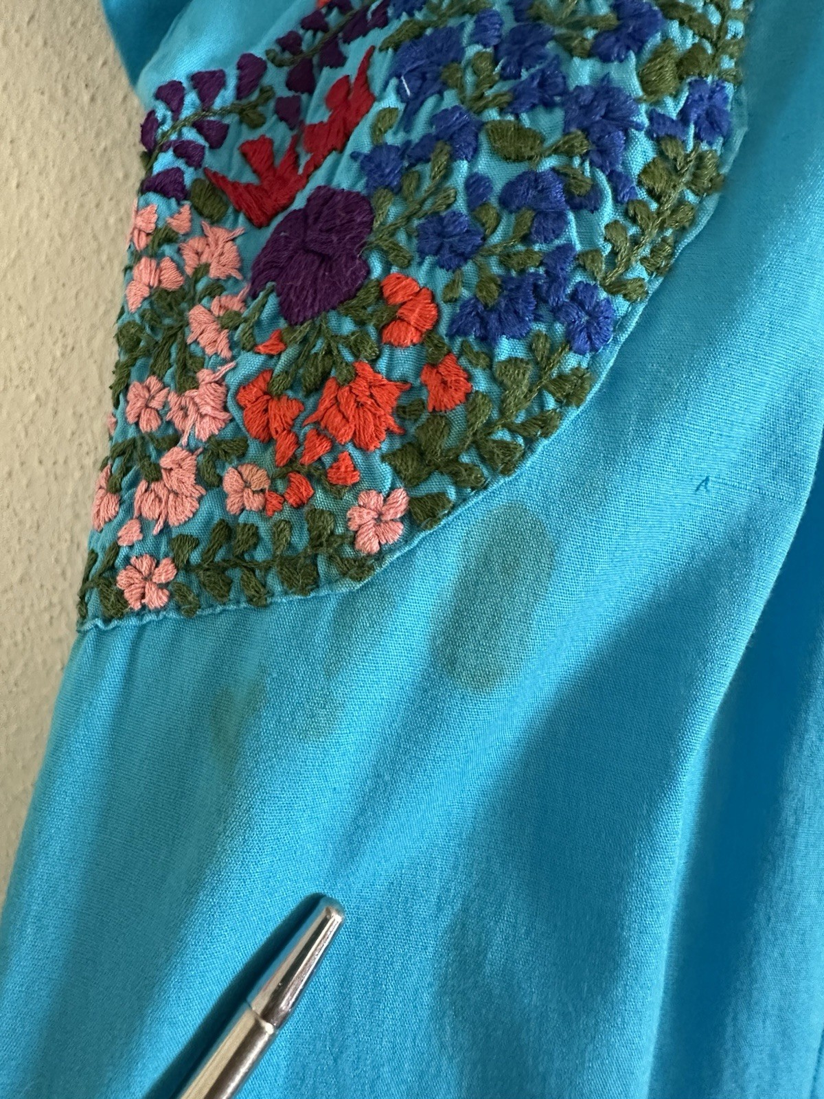 1970s Cotton Oaxacan Mexican Huipil Dress Embroidered Maxi STAINED AS IS Vintage