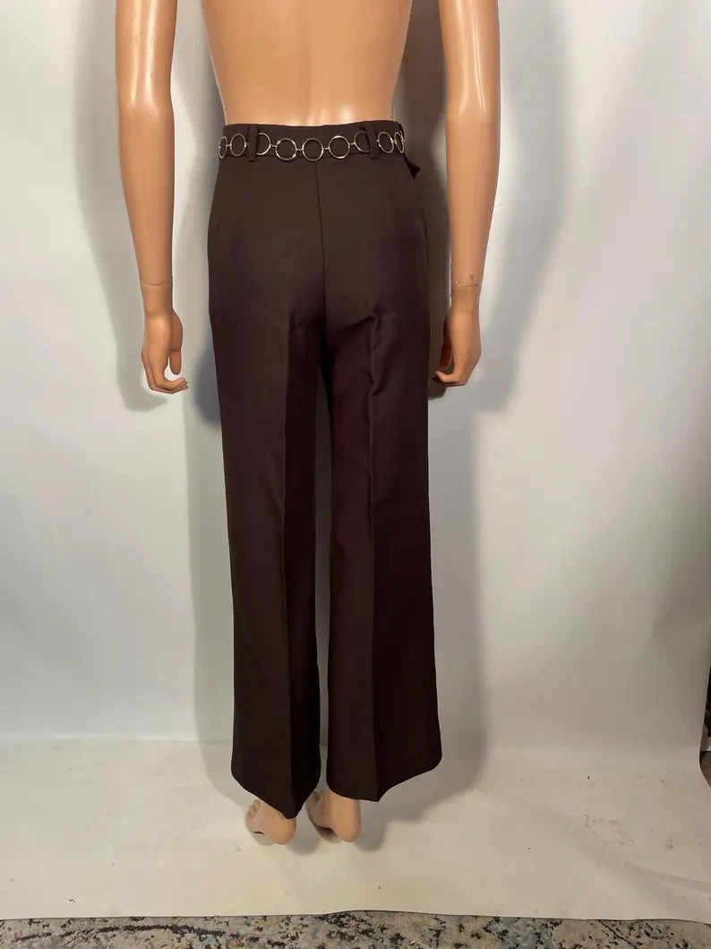 Vintage 1970s Brown Polyester Sears Jr Bazaar Bell Bottoms Wide Leg Pants 26 W
