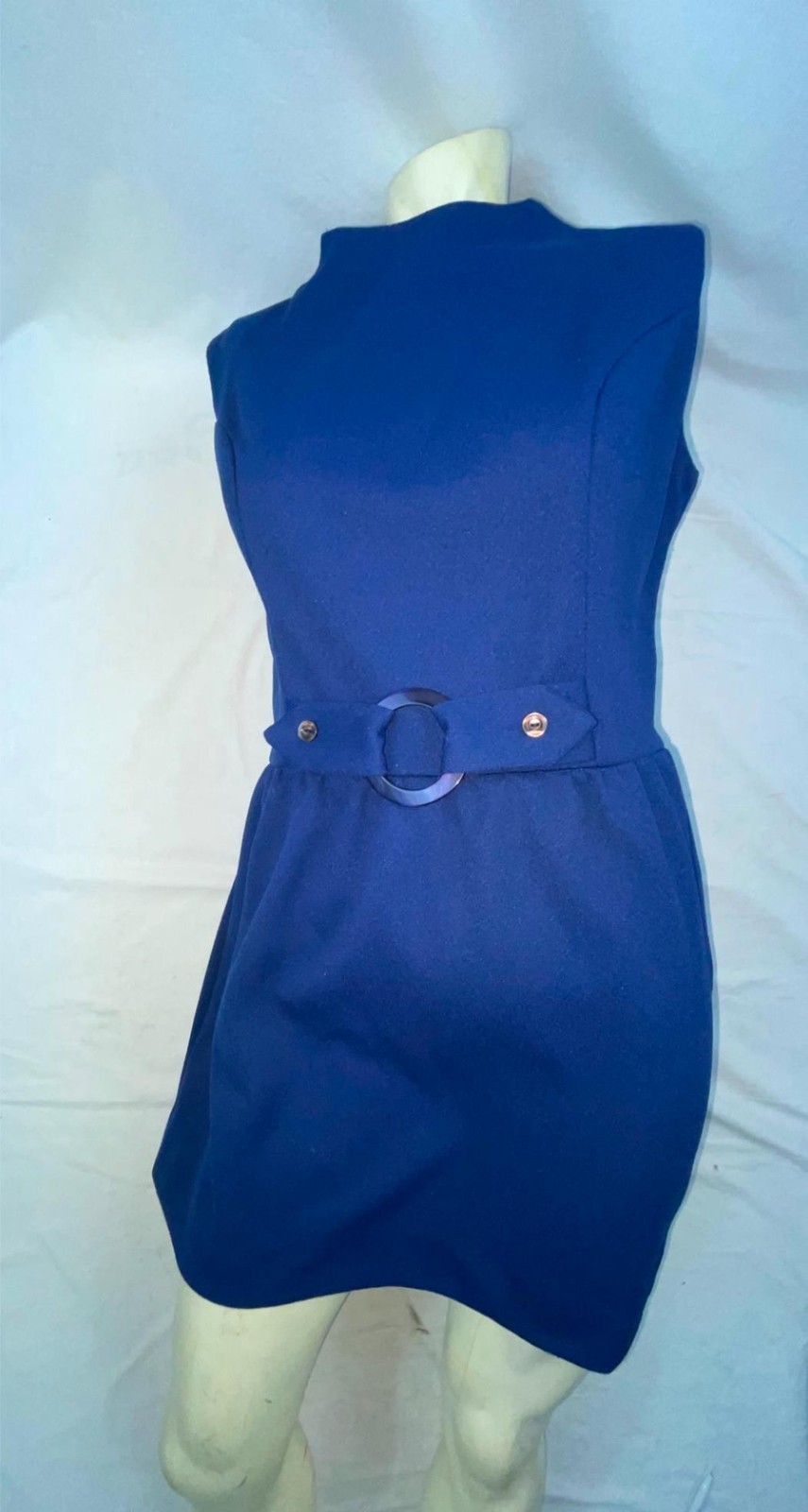 VTG 60S 70S WOMENS BLUE POLYESTER ACCENTED CINCHED BUCKLE DISCO GOGO RETRO DRESS