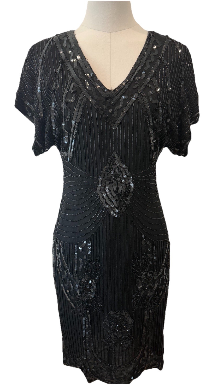Vintage Stenay Silk Black Beaded Formal Cocktail Dress Art Deco Size 8 ***Flaws