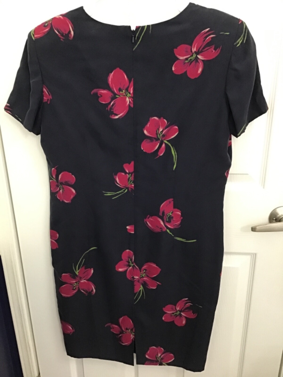 Vintage Patrick Petite Navy With Pink Flowers Pure Silk Lined Dress Size 12P