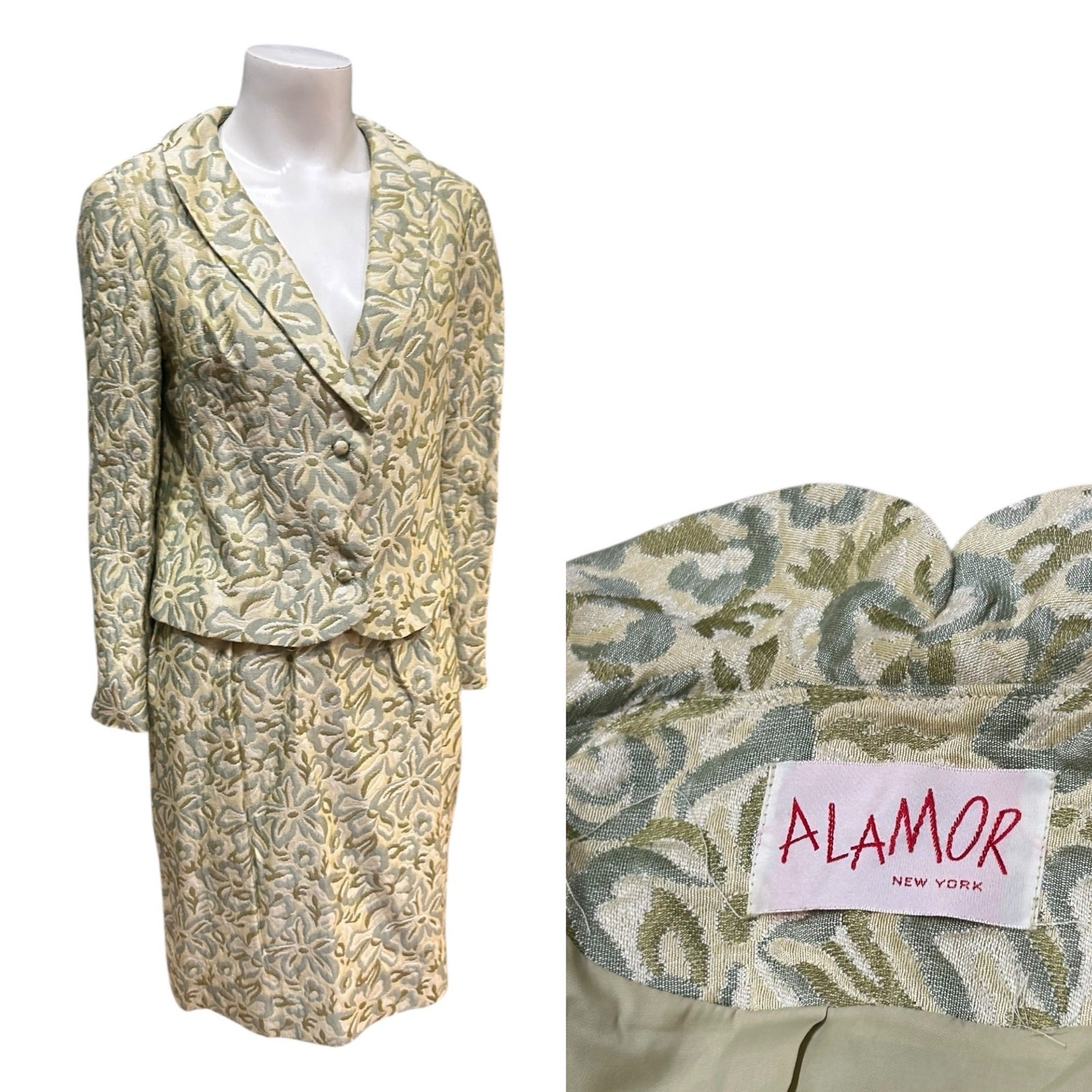 Vintage 1960s Brocade Skirt Suit Dress Set Jacquard Two Piece Set / Women’s XS ^