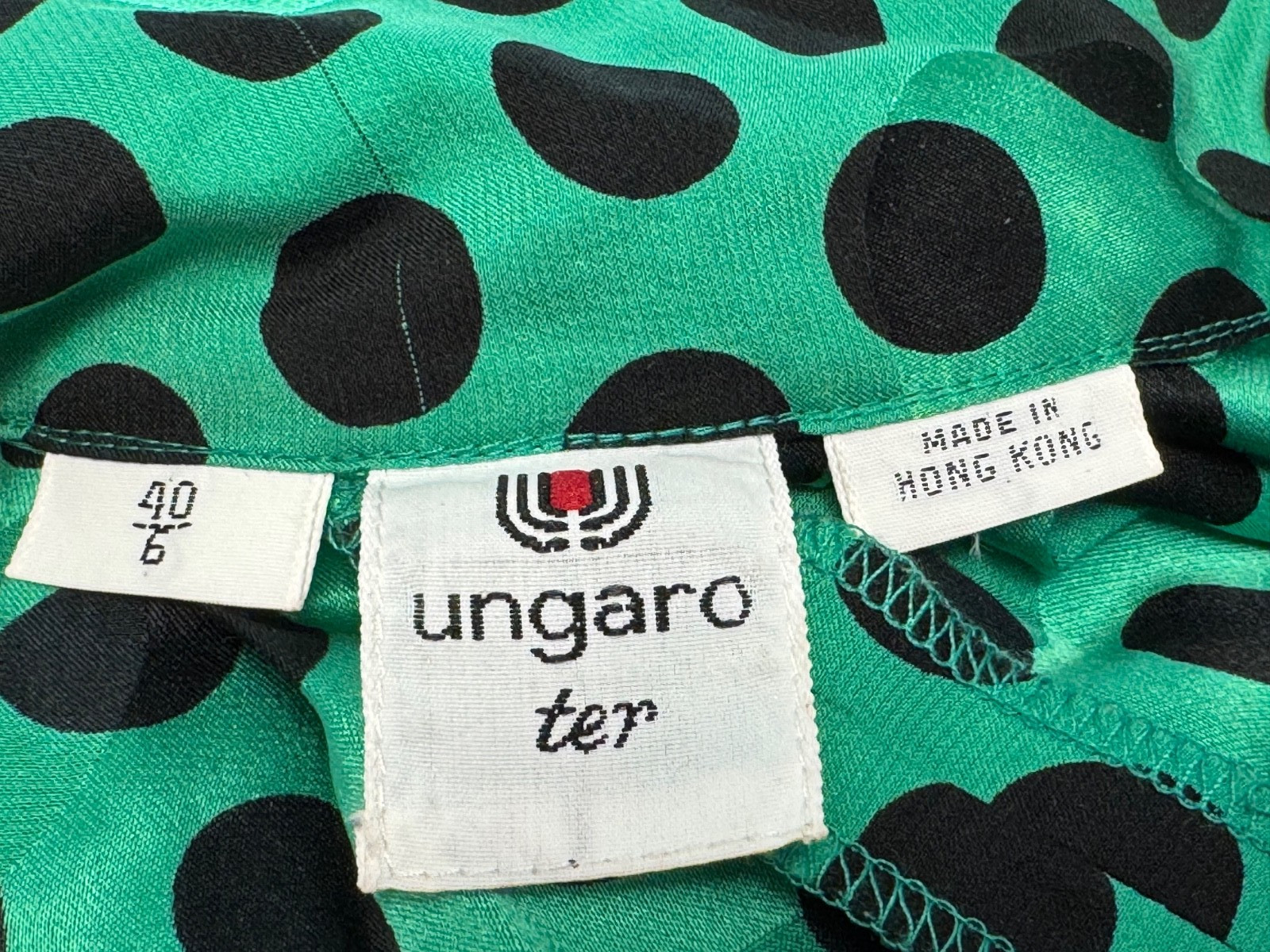 Vintage Emanuel Ungaro Ter silk green black polka dot dress size 6