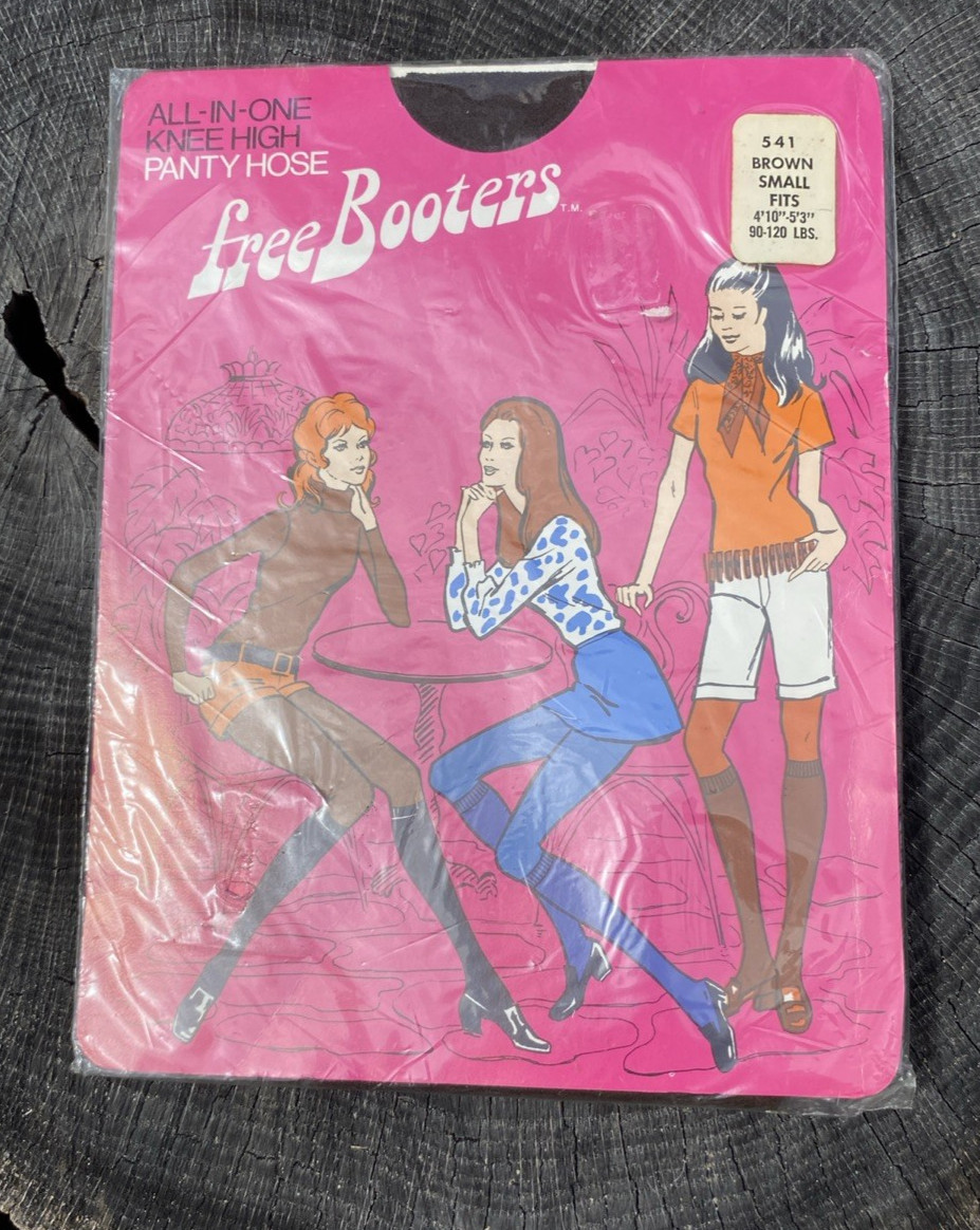 Vintage All-In-One Knee High Panty Hose Great Graphic Free Booters 60s/70s Small
