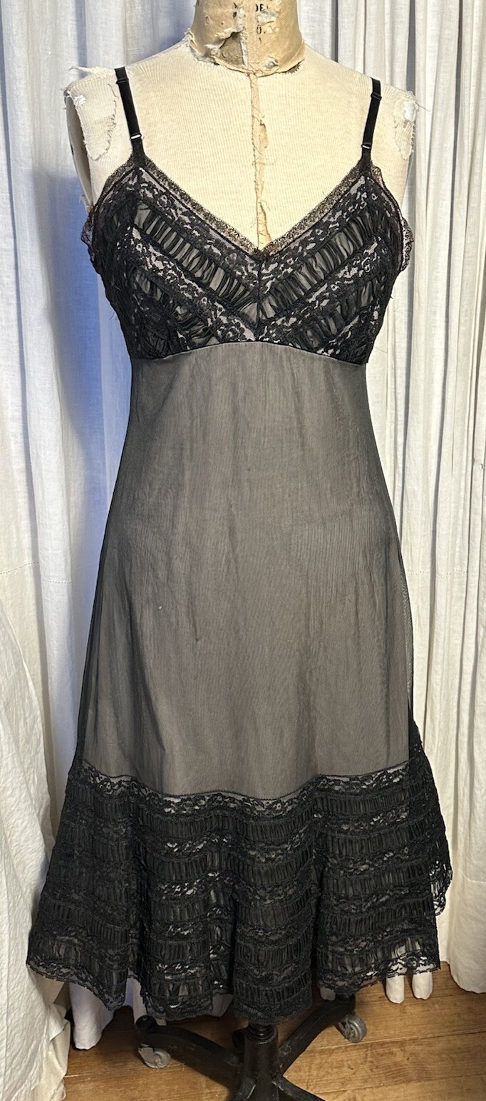 Vintage Gotham Gold Stripe Womens Blk Sheer/lace Fit-flare Midi Slip Sz 8 Used