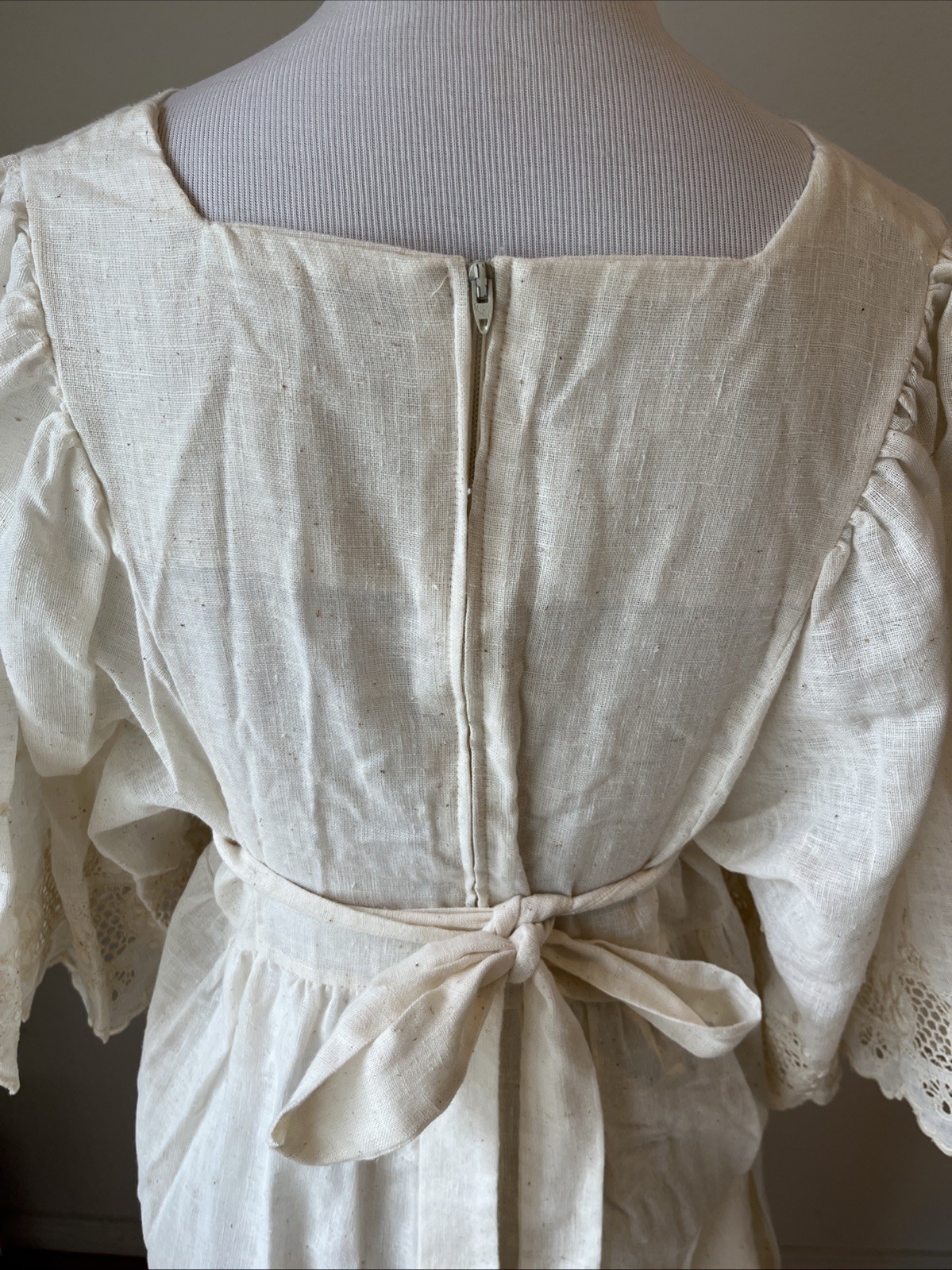 Vintage 70s Kaftan Dress Eyelet Cotton Blend Size L Gauzy Goddess Prairie USA