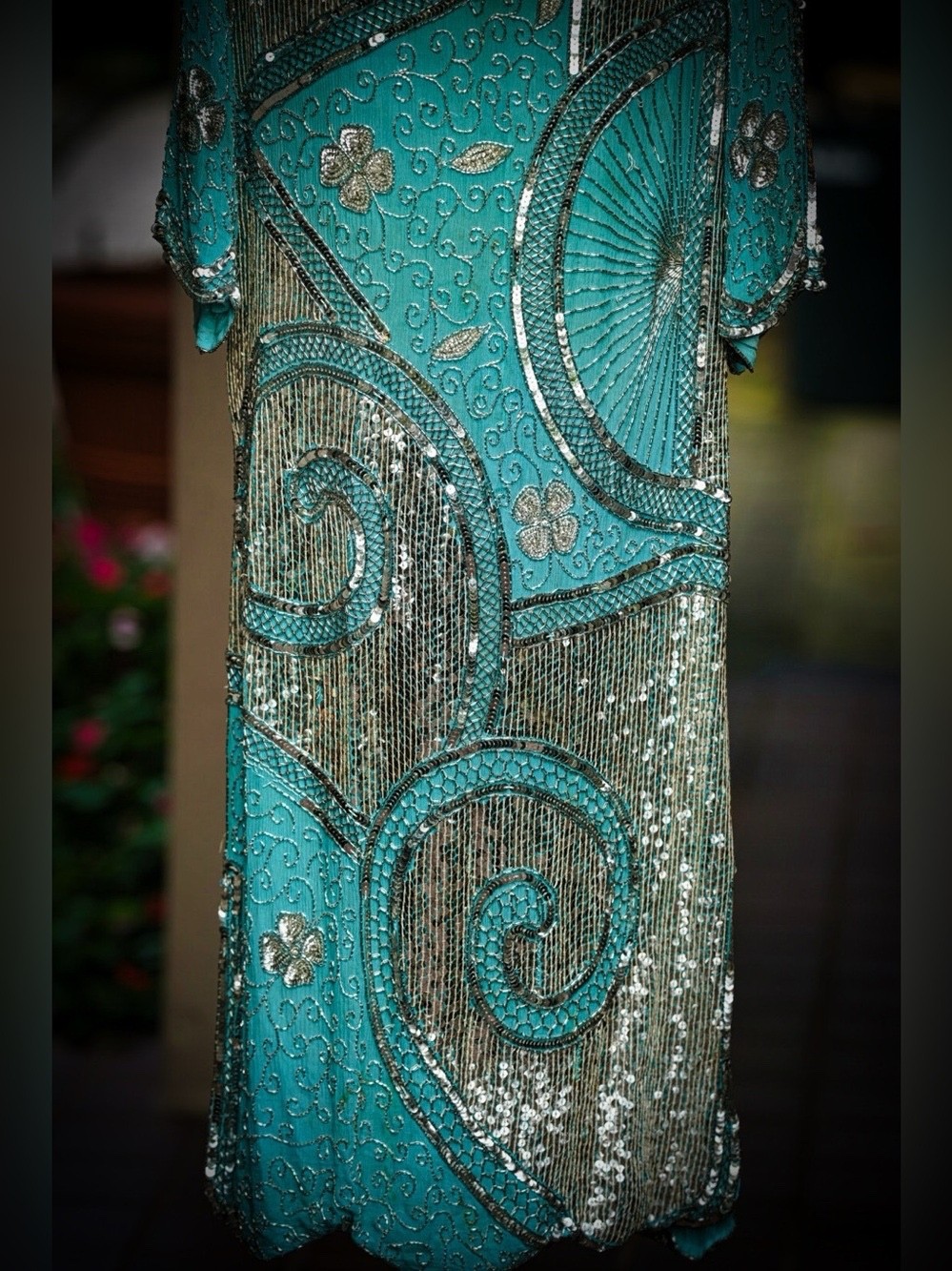 Vintage 1920s-Style Turquoise Silver Beaded Sequin Silk Gown