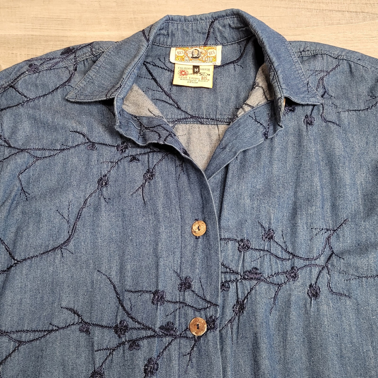 Vintage Gene Ewin BIS Shirt Womens M Wrinkled Rich Denim Embroidered 90&rsquo;s USA