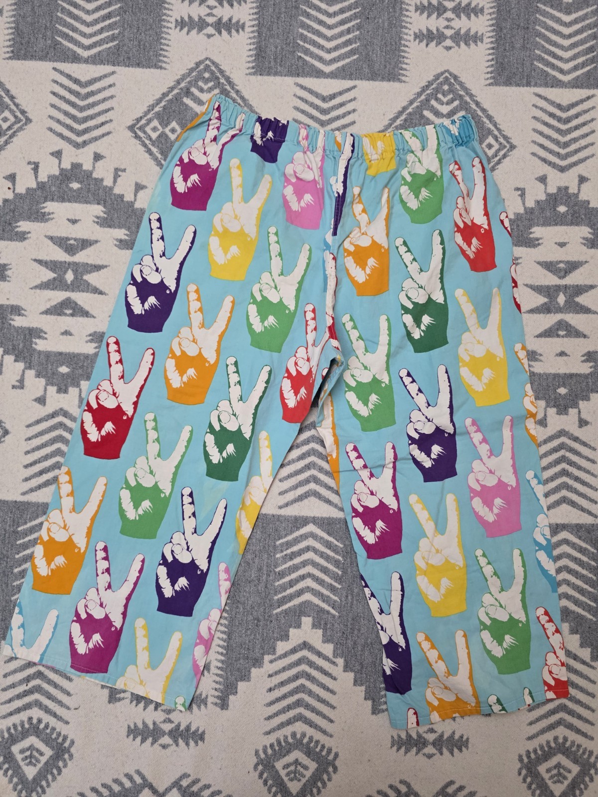 Vintage 1960s Peace Sign Hand Print Lounge Pants Hippie Mod Novelty Cotton 26-36