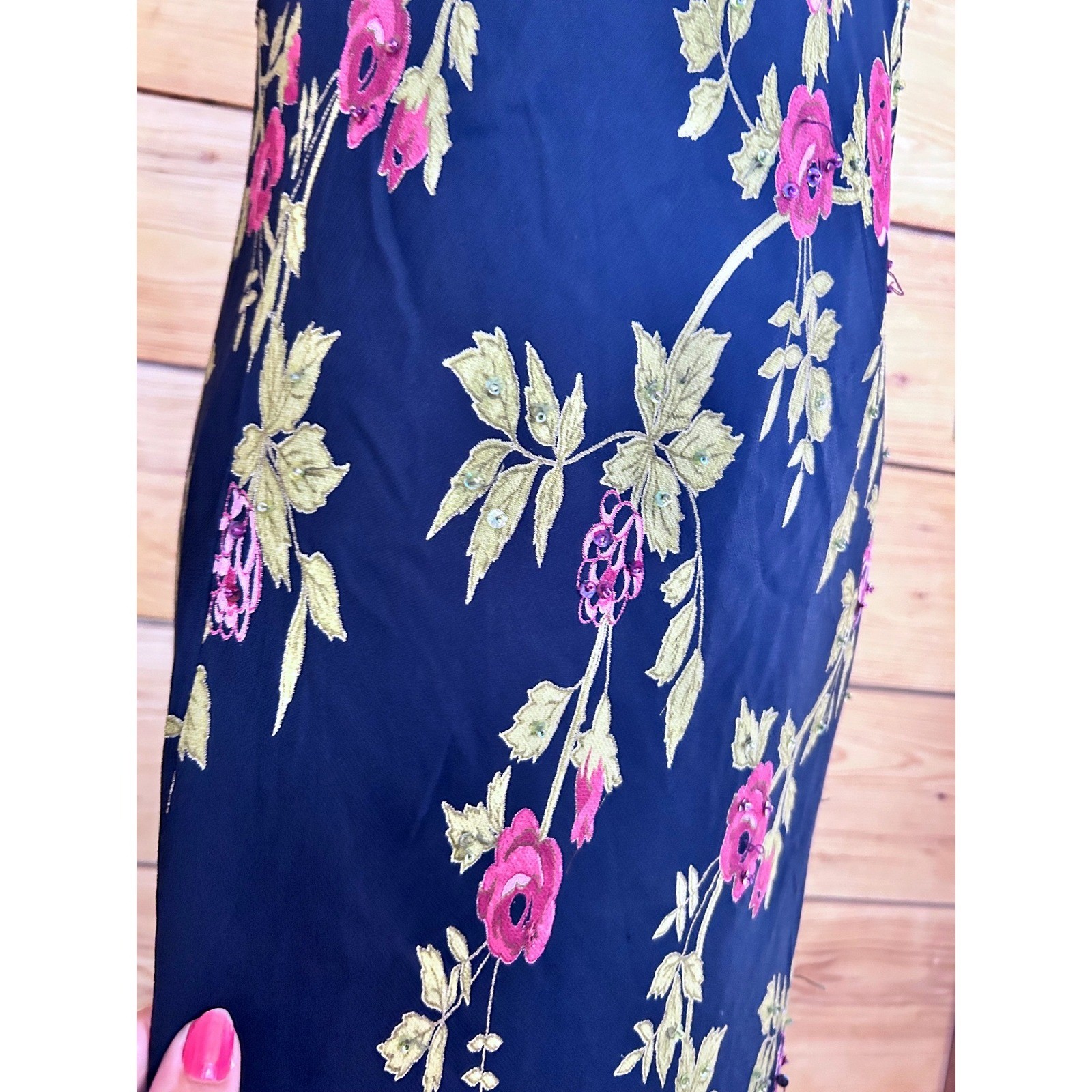 Vintage Maxi Dress Womens 14 Petite Black Floral Beaded Lace Jessica McClintock