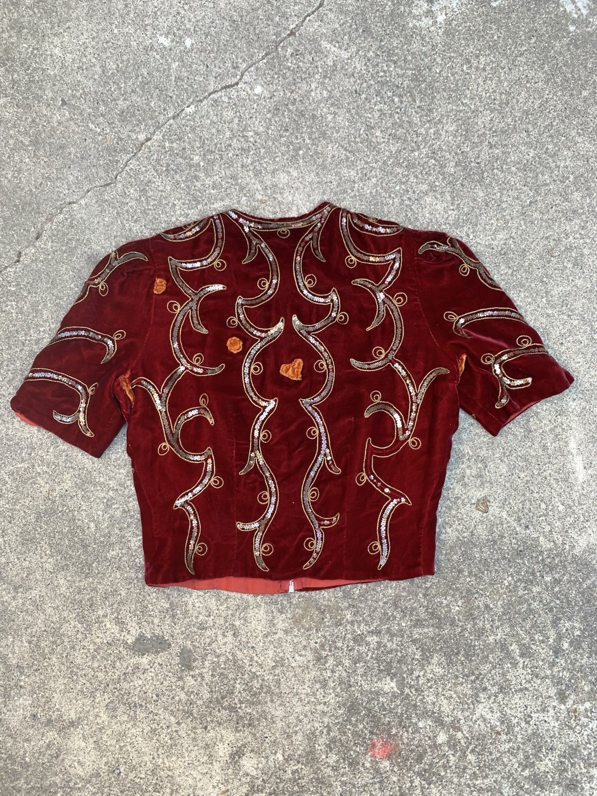 Vintage 1930s Zip Front Red Velvet Sequined Puff Sleeve Top Jacket Blouse Size S