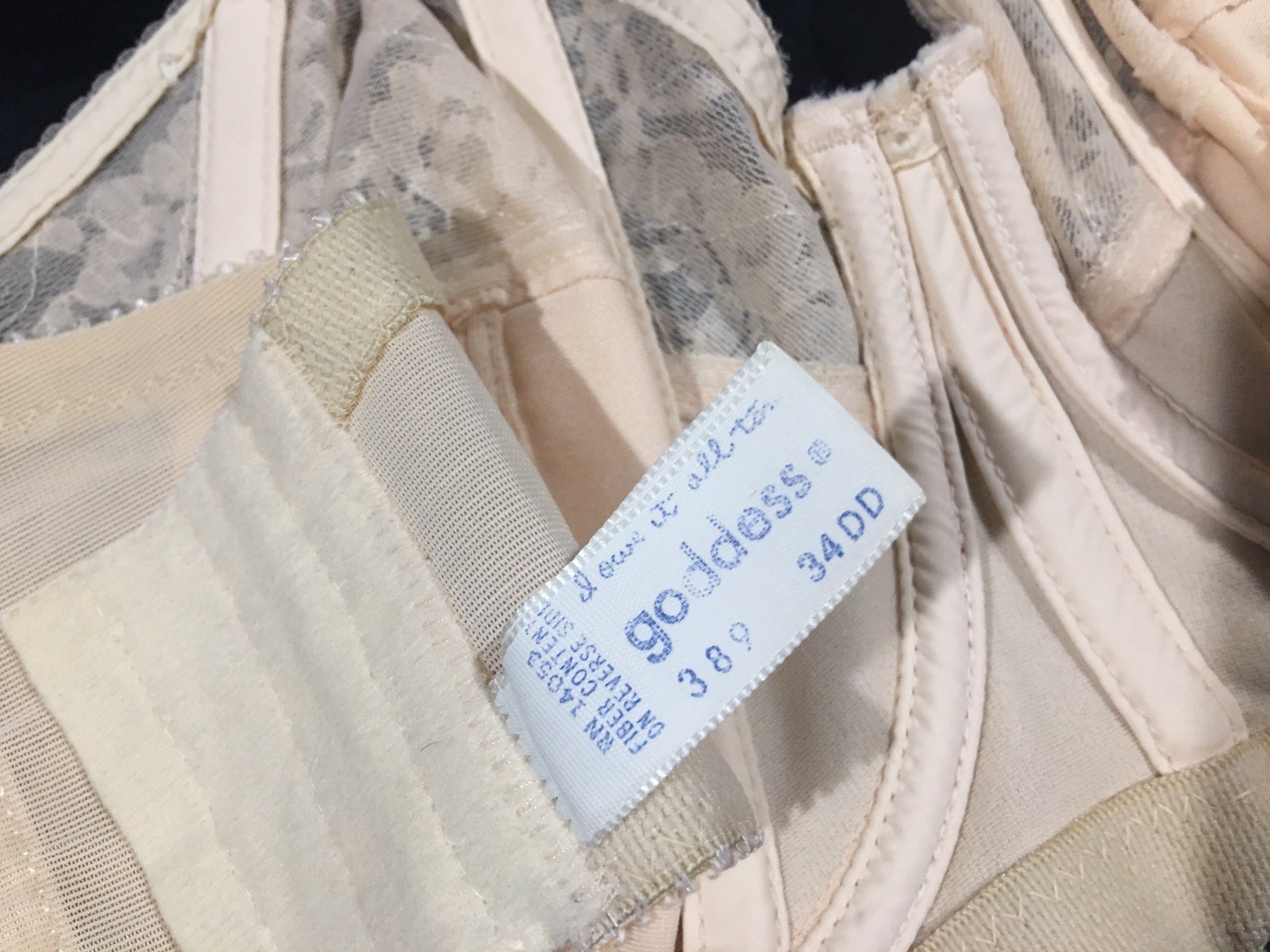 Vtg Goddess Nude Strapless Nylon Bullet Bra 34 DD Union Label