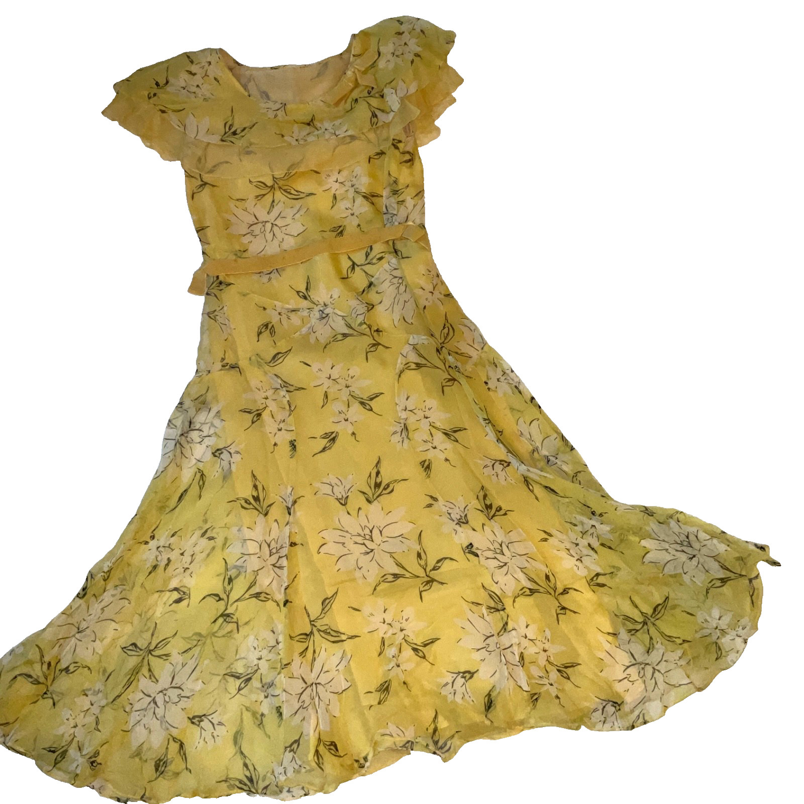 True Vintage 1930s silk chiffon DRESS size S 4 yellow garden tea dress