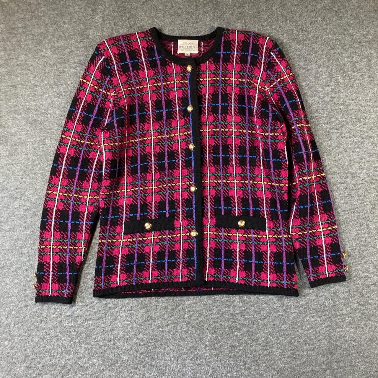 Susan Bristol Wool Blend Cardigan Womens Medium Plaid Gold Buttons Retro