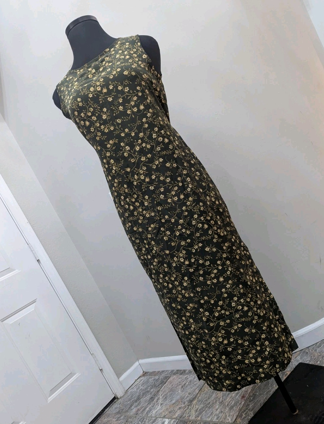 Vintage 90s Fairy Grunge Maxi Dress Sz M Green Leaf Forest Earthy Floral