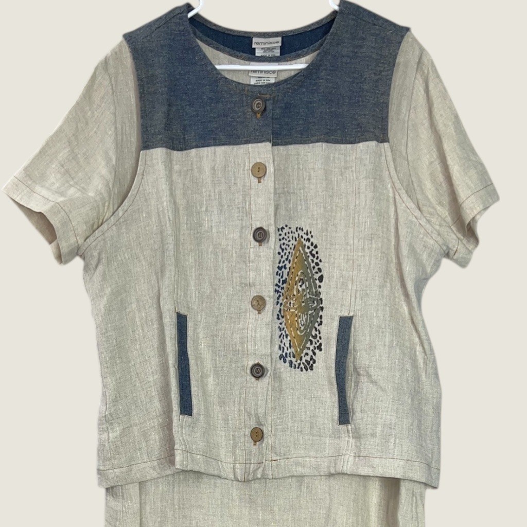 Reminisce Vintage Linen Patchwork Dress & Vest Set XL Boho Artisan Coastal USA