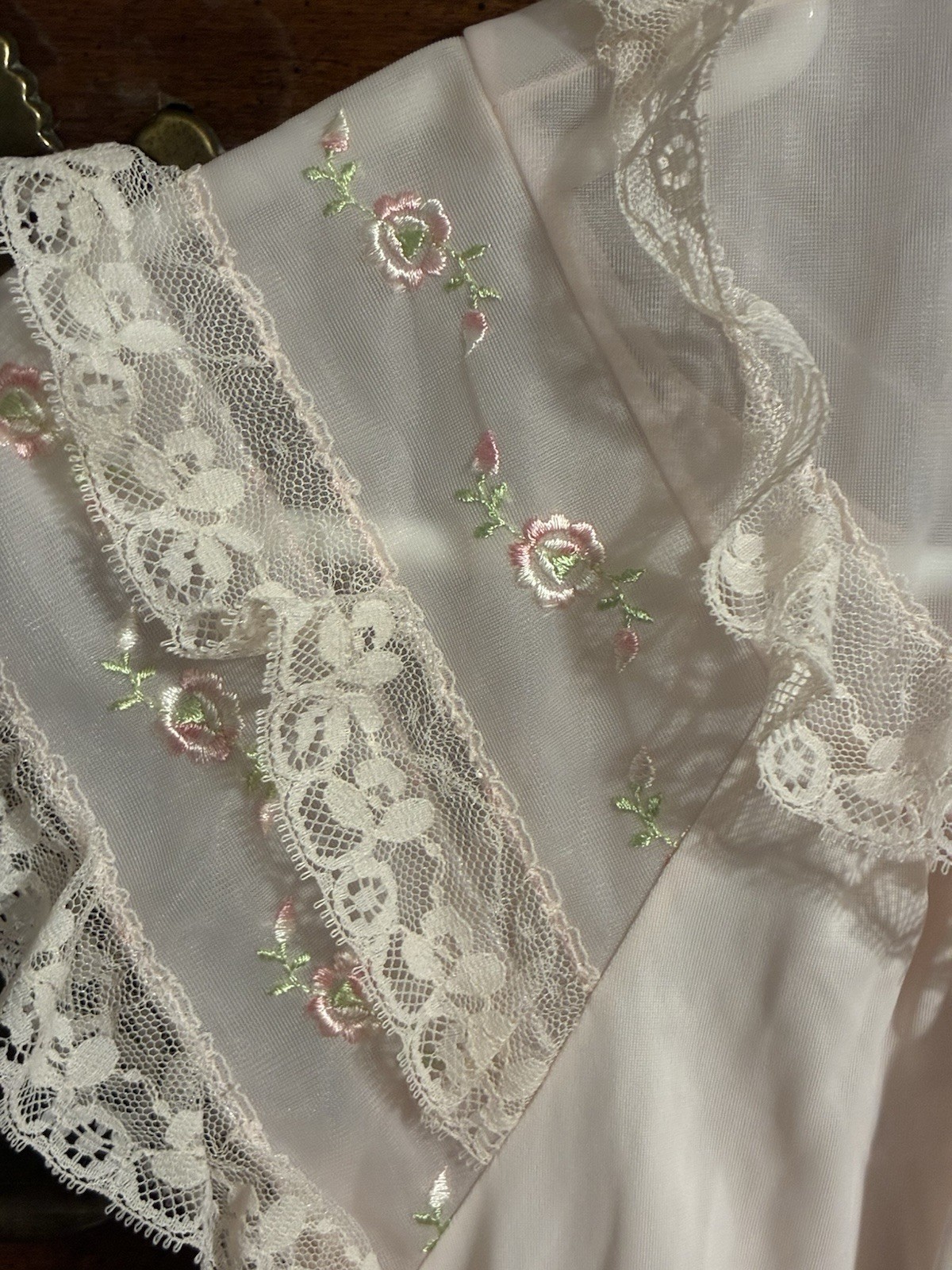 Vintage Shadowline Petites Pink Nylon Lace Button Front Nightgown Pocket