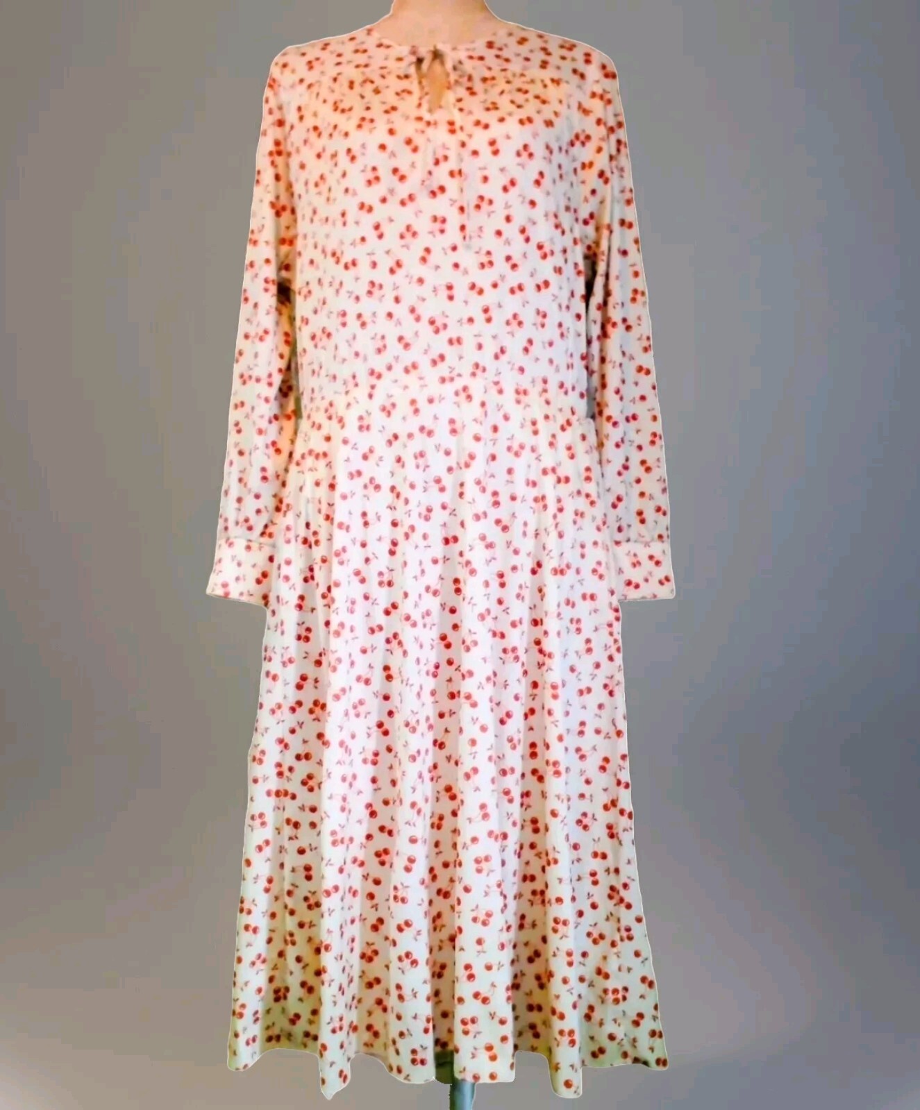 VTG 70s Novelty Cherries Print Midi Secretary Dress w Skinny Bow Elastic Waist M