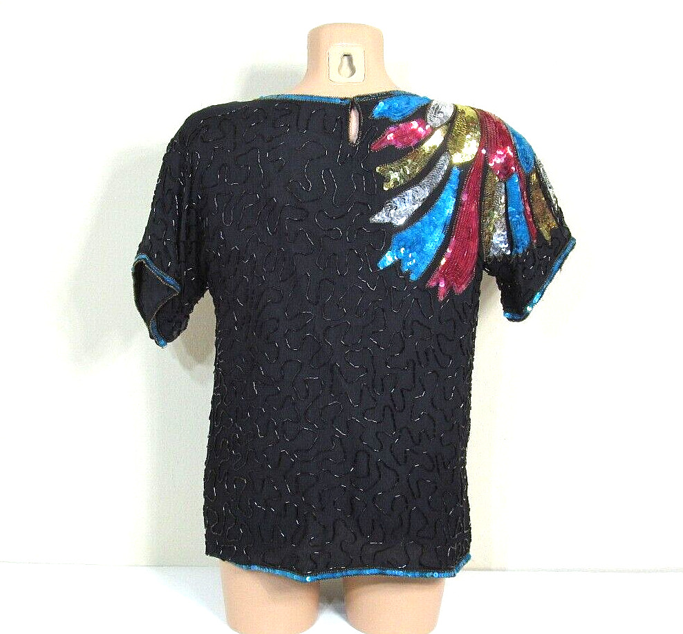 KAUR L Black Silk Vibrant Multicolor Sequined Beaded S/S Mardi Gras Party Top