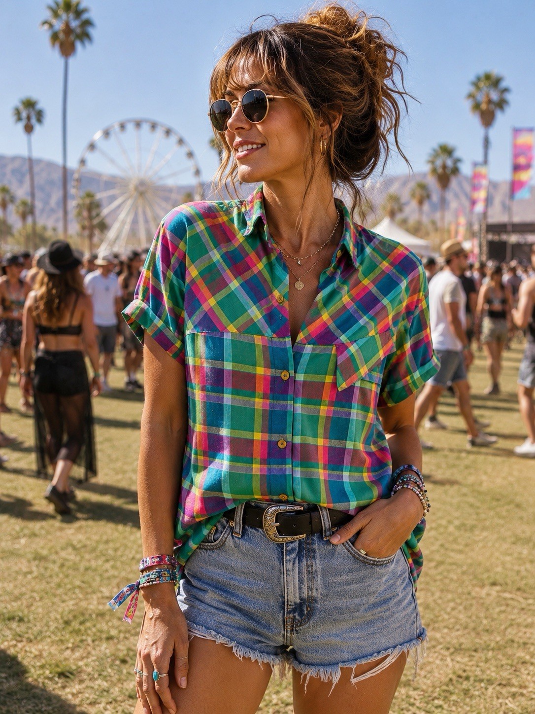 Vintage 80s Rainbow Plaid Button Down Camp Shirt Retro Dopamine Quirky Top