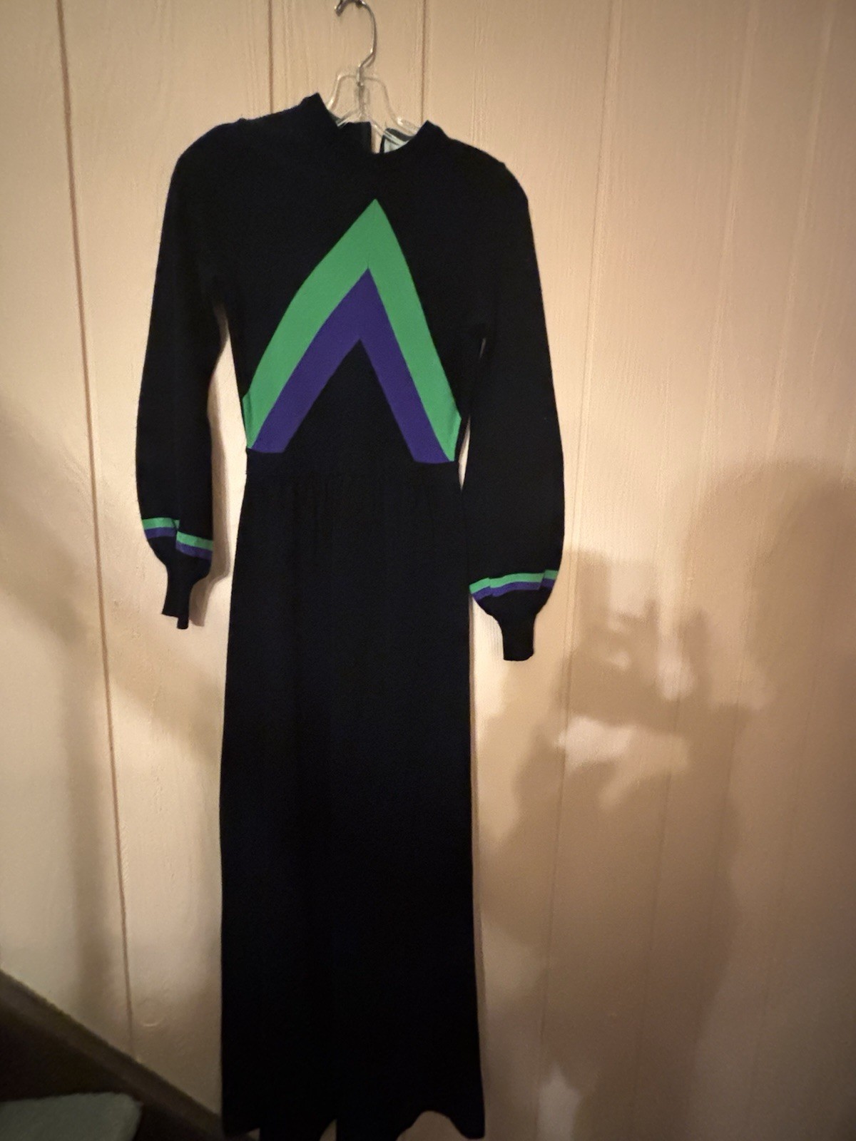 VTG 70s Roncelli Wool Blend Knit Maxi Sweater Dress 5 / XS Black Green Purple
