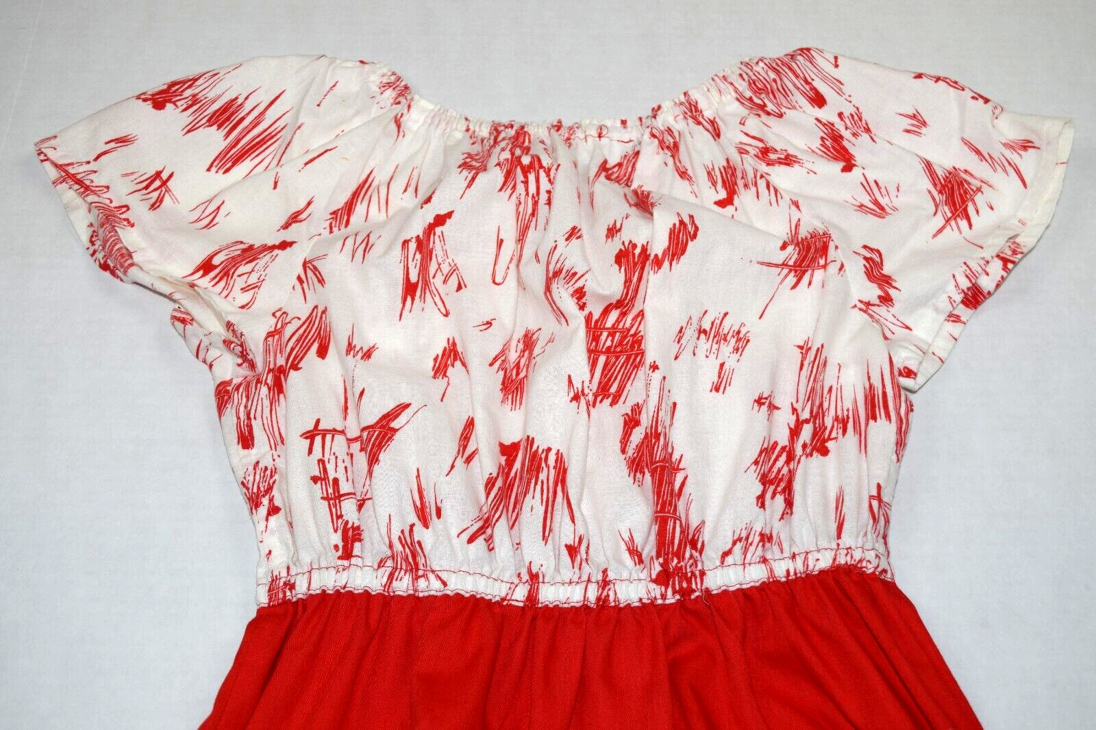 Vintage Handmade Maxi Dress Size S/M 70s Cherry Red White Cinch Waist