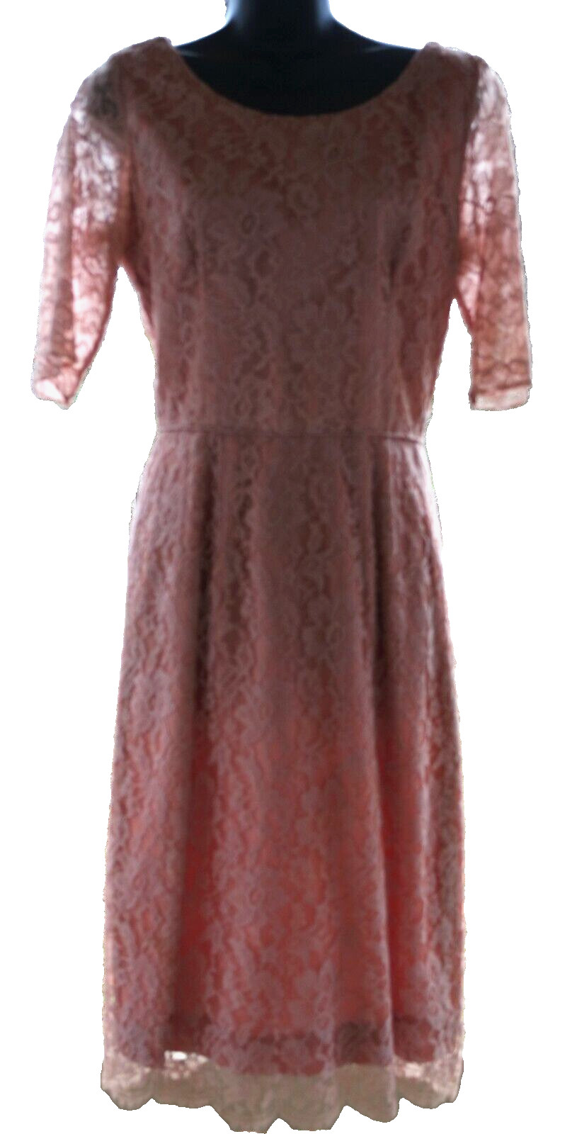 VINTAGE 1950s STYLE Light PINK SATIN TAFFETA LACE OVERLAID DRESS TAGGED SIZE 14
