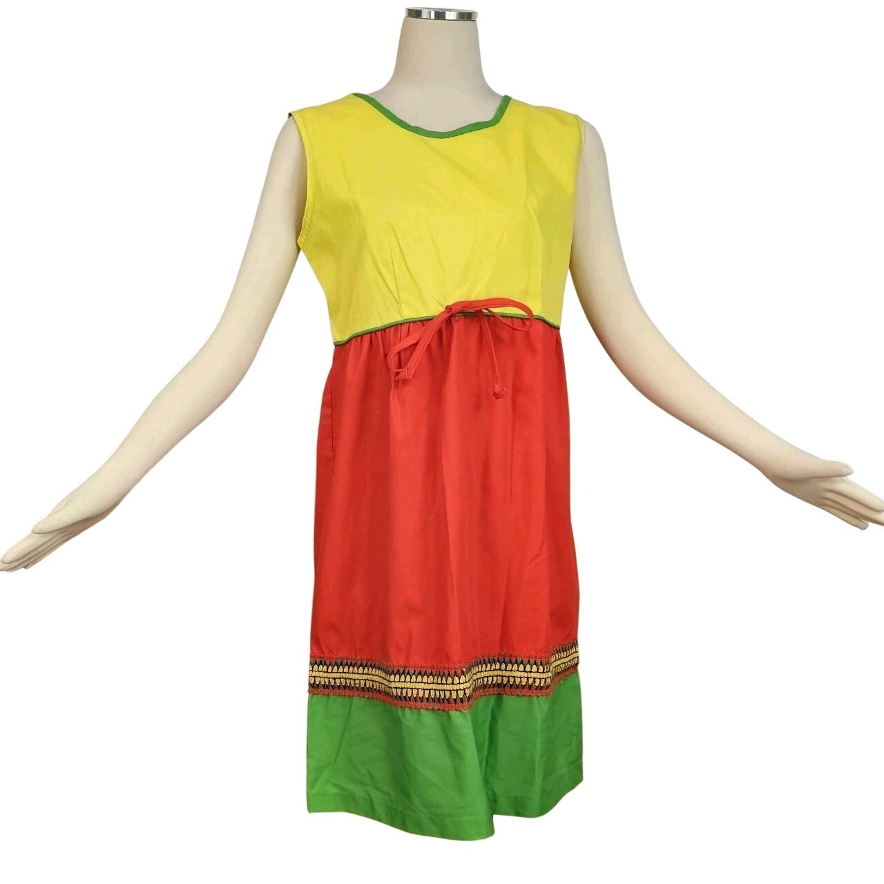 Vintage 1960s 70&rsquo;s Dress Shift Peasant Ethnic Red Yellow Green Sleeveless Retro