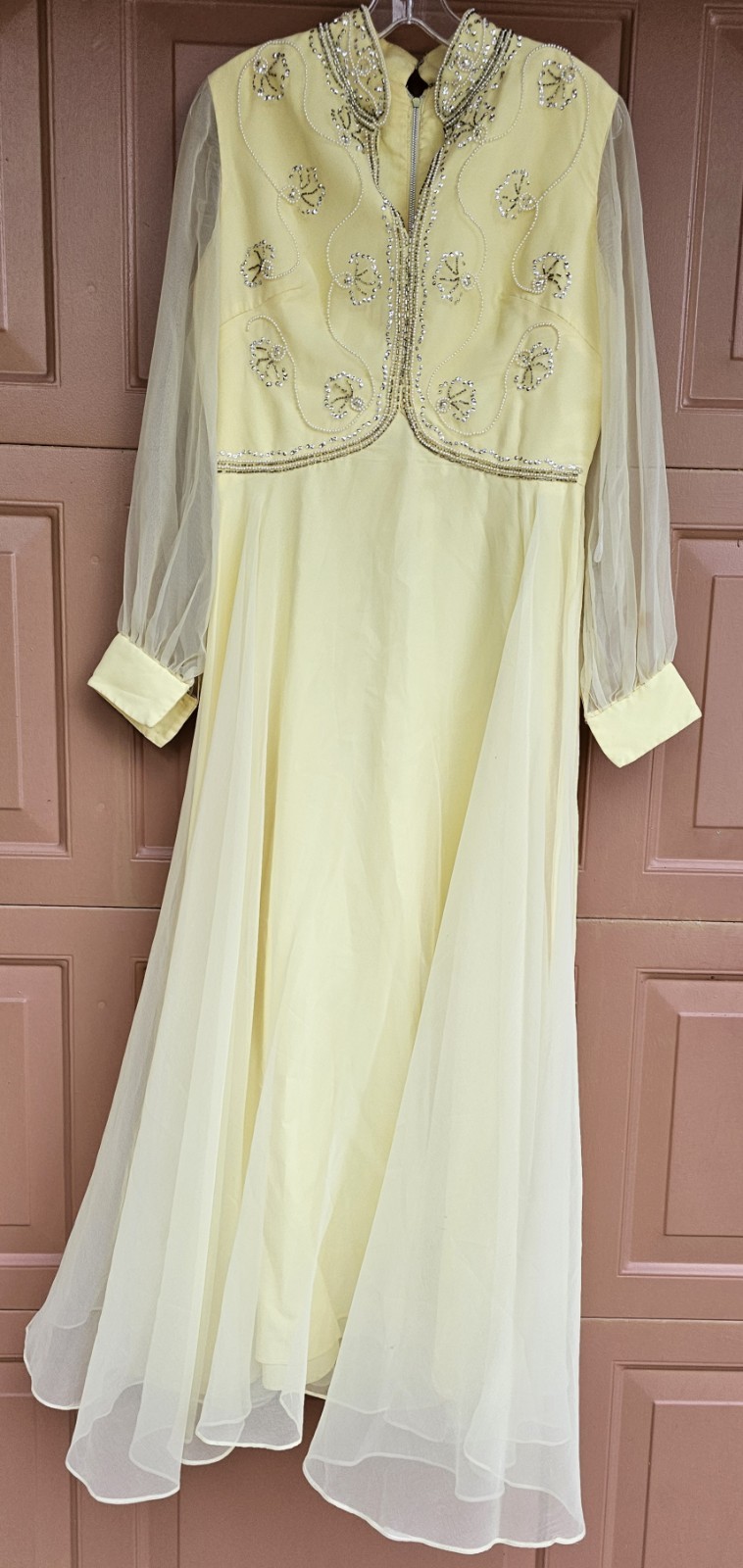 Vintage Custom Made Yellow Chiffon 1970s Formal Dress M
