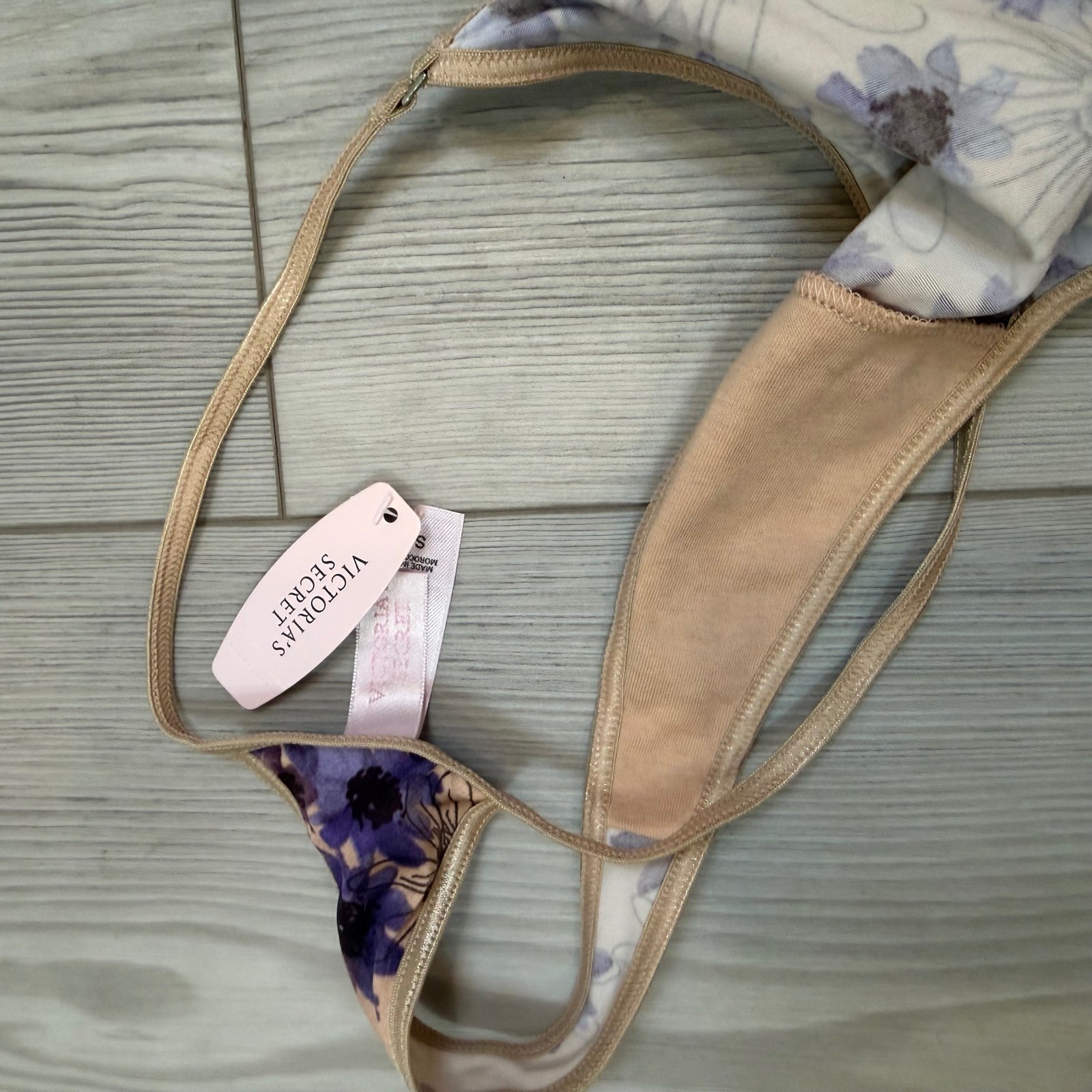 Vintage 2001 Victorias Secret Floral V-String Thong Panty Purple Tan Y2K NWT S