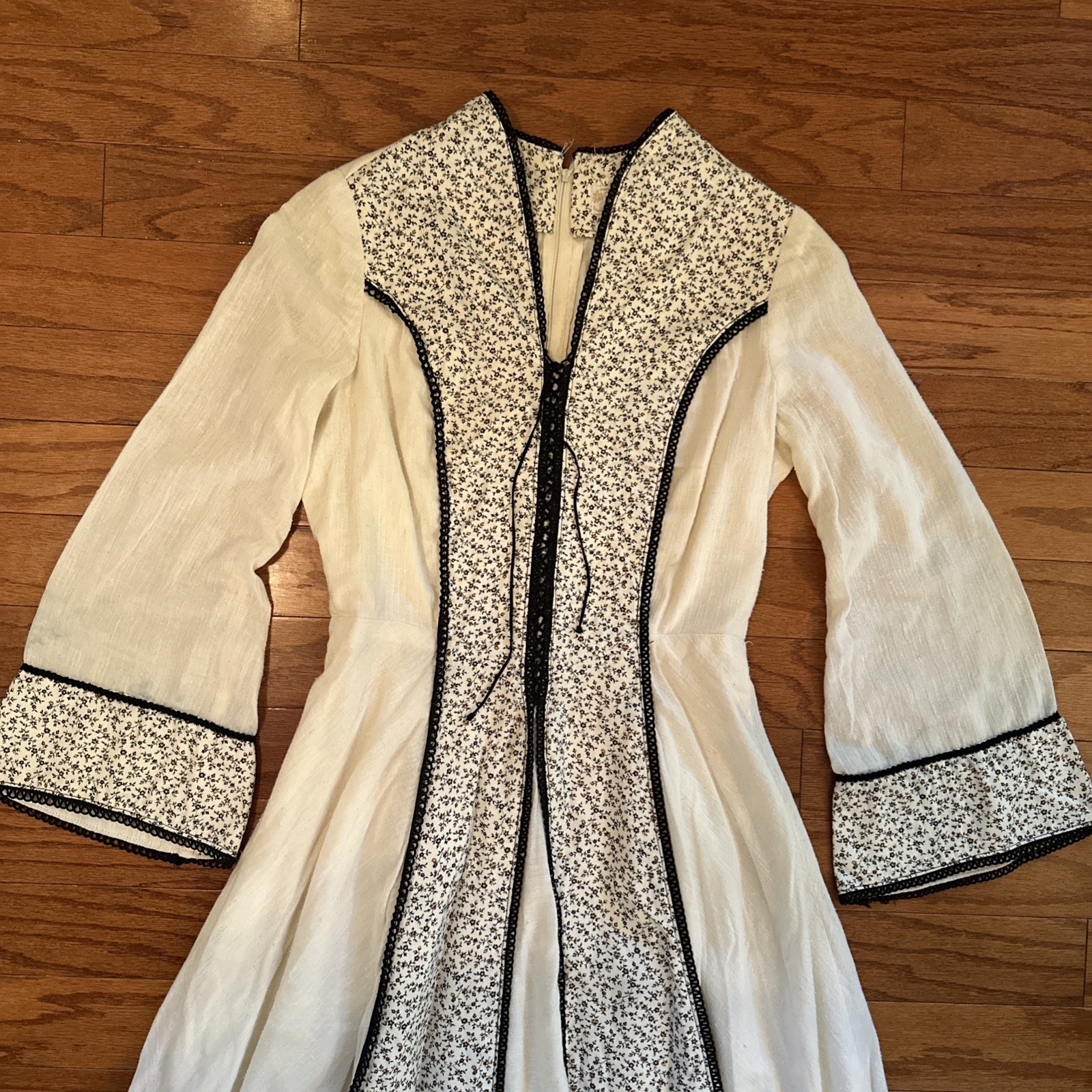 Vtg Handmade Dress 70s Boho Peasant Renaissance White Floral Long 6 8 S M