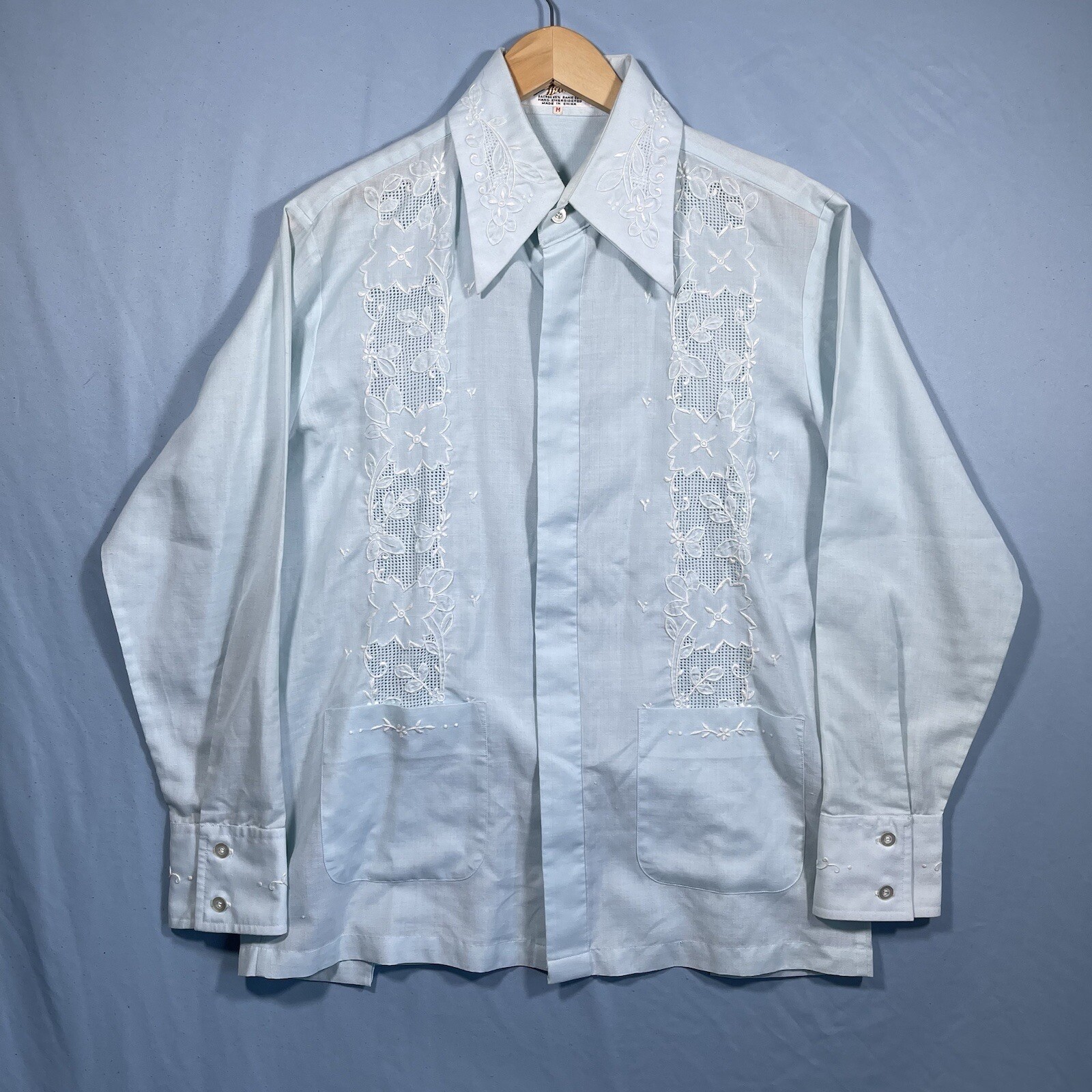Vintage Daffodil Floral Hand Emboidered Pastel Blue Button Up Blouse Top S