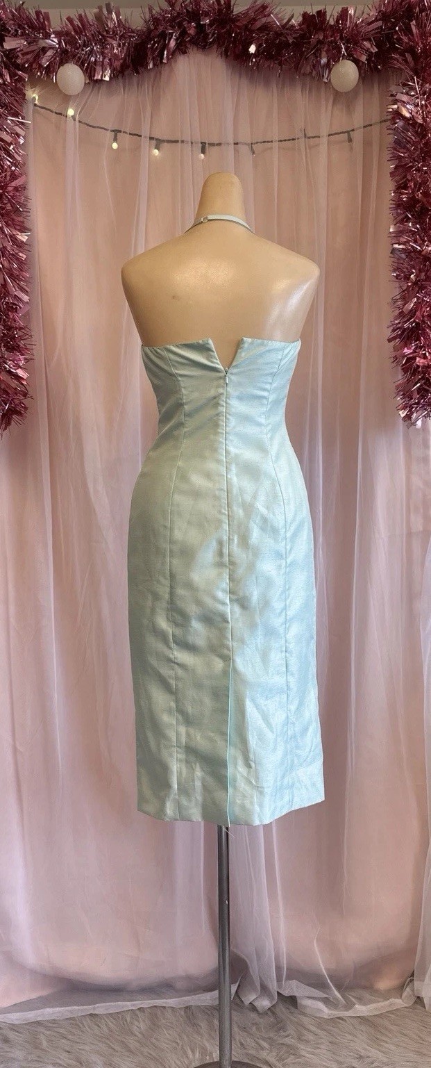 Vintage Y2K 2000s Halter Beaded Mini Dress Blue Open Back Strapless XS