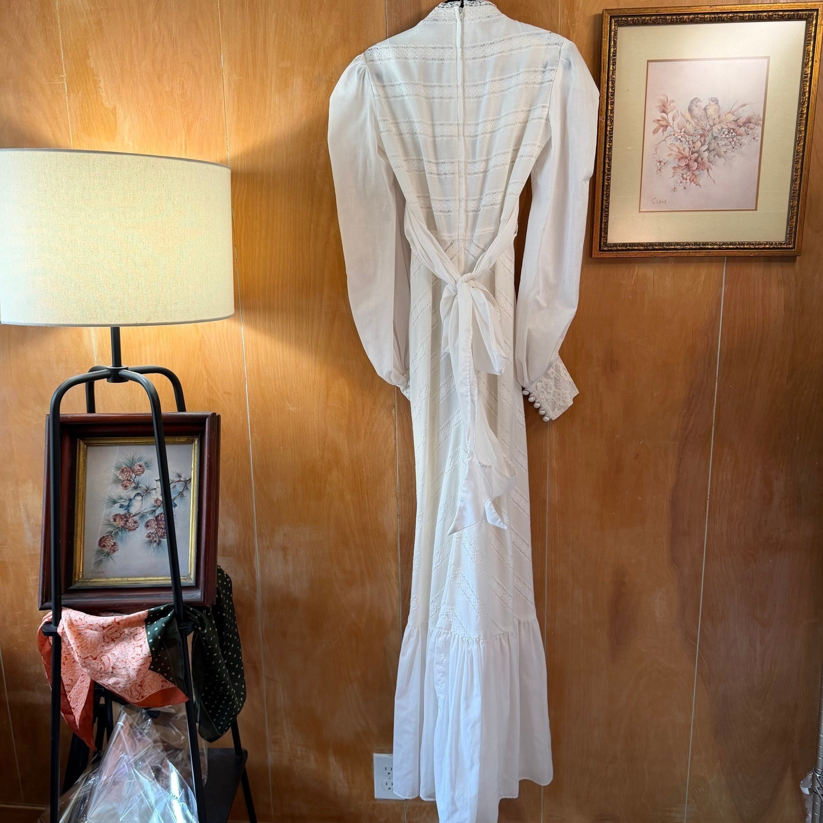 Vintage 70s Jody of California White Prairie Maxi Dress Lace Bishop Sleeve Small