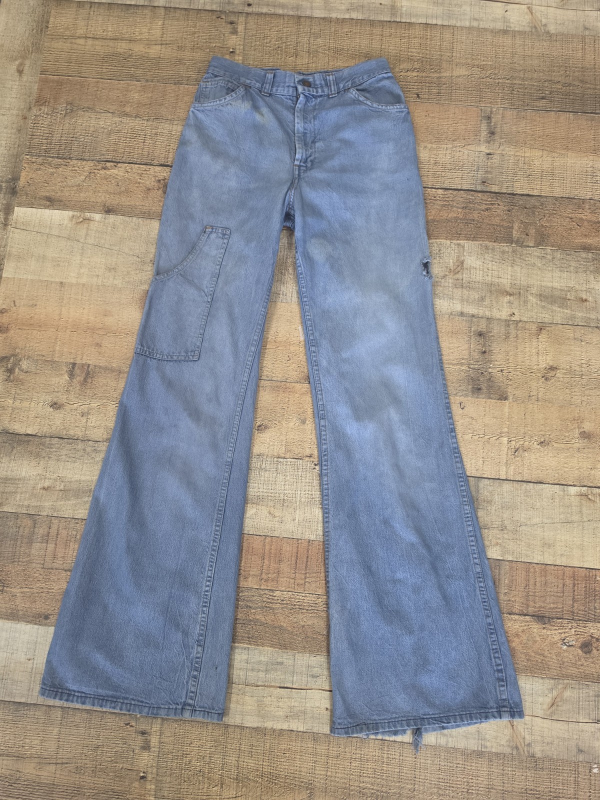 Vtg 70s Womens Blue Denim Bell Bottom Talon Zipper Jeans Sz 11 Carpenter Pocket