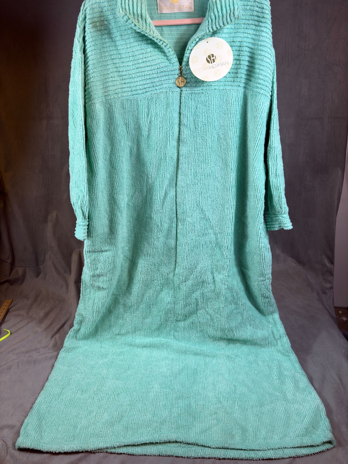 VTG Stan Herman Turquoise Chenille Robe House Coat 1/2 zip Pockets XL P NWT