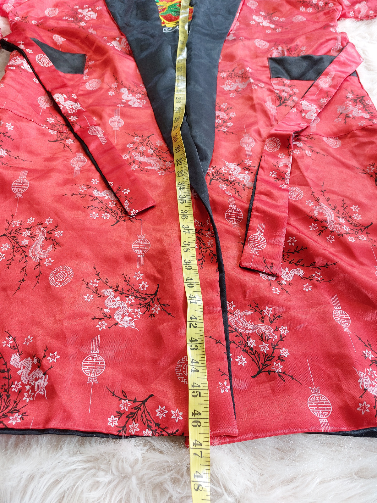 Oriental Black and Red Satin Reversible Dragon Embroidery Kimono Robe Siz XL