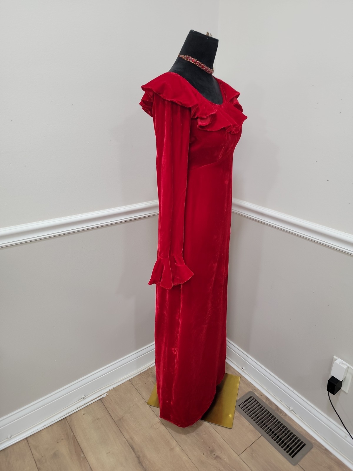 Vintage 60s Red Velvet Maxi Dress Empire Waist Ruffle Holiday Formal Gown S/