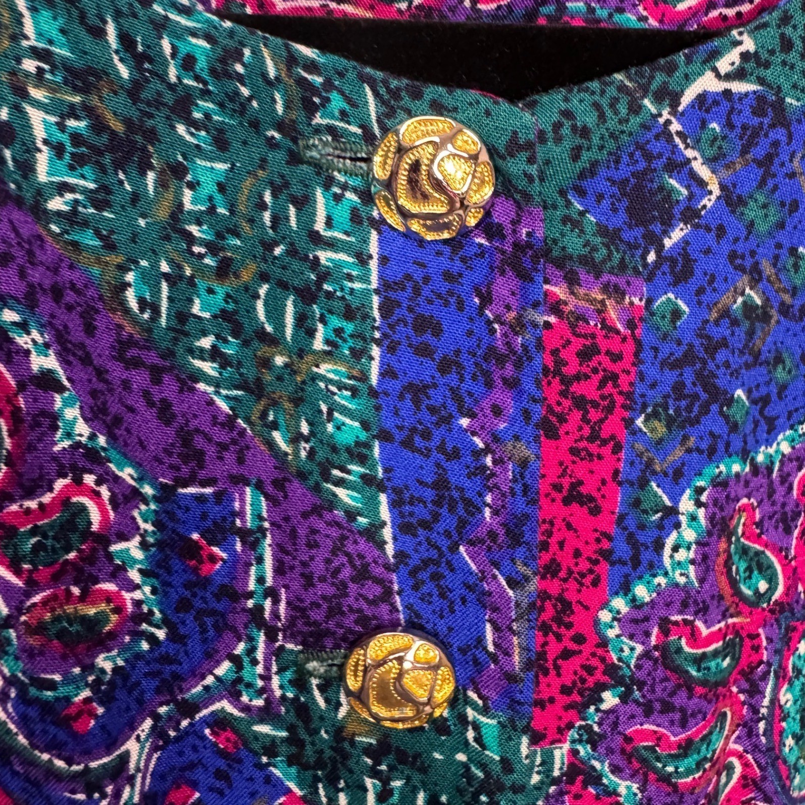 Vintage 90s Special Effects 16WP Abstract Paisley Dress Gold Button Accent USA