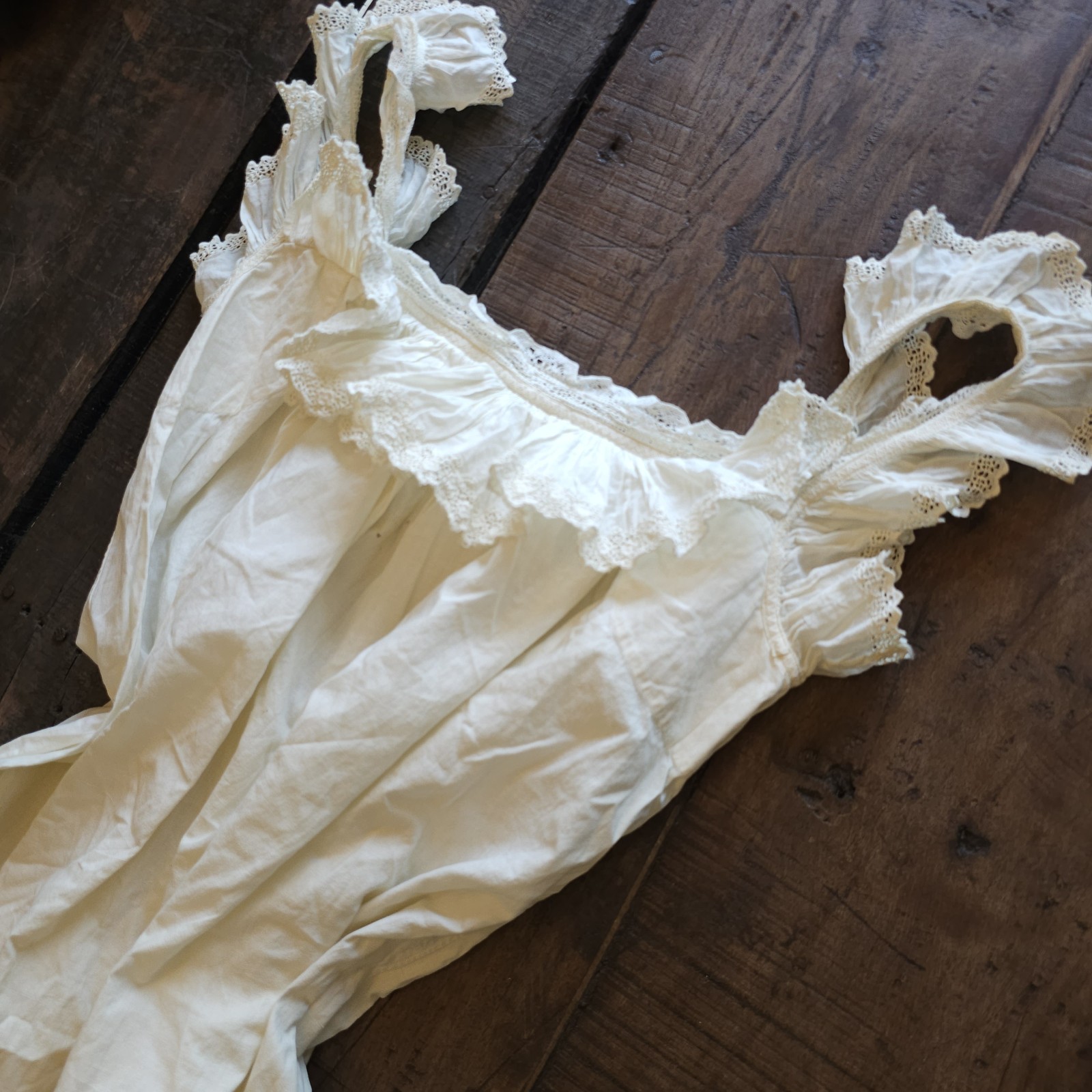 Antique Chemise Cream Lace Trim Slip Midi Dress w/ Ruffled Sleeves Edwardian