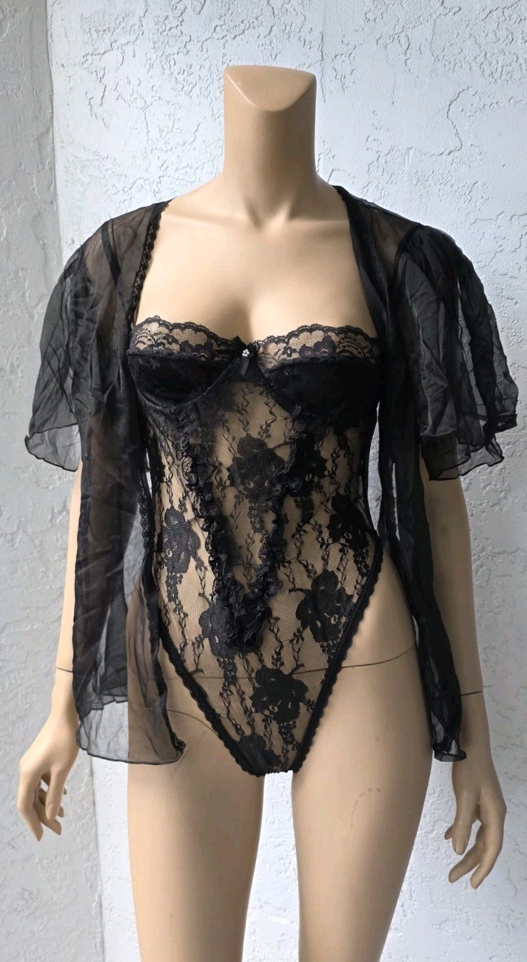 Vintage Andrea Kristoff for Escante Sheer Lace Black Negligee Set Medium