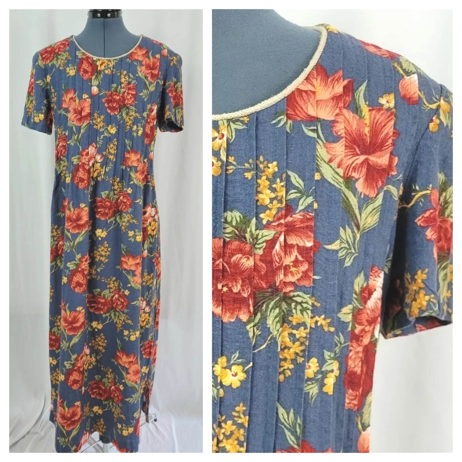 Vintage Cottagecore Jessica Howard Blue Floral Dress w Pleated Front Size 12