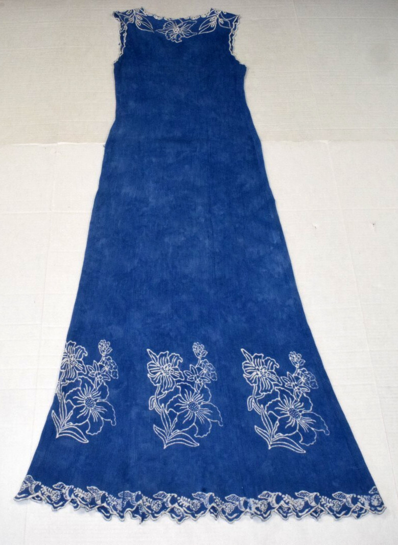 Vintage Dress Marcia and Me Size S 90s Ocean Blue Rayon Crinkle Embroidered Trim