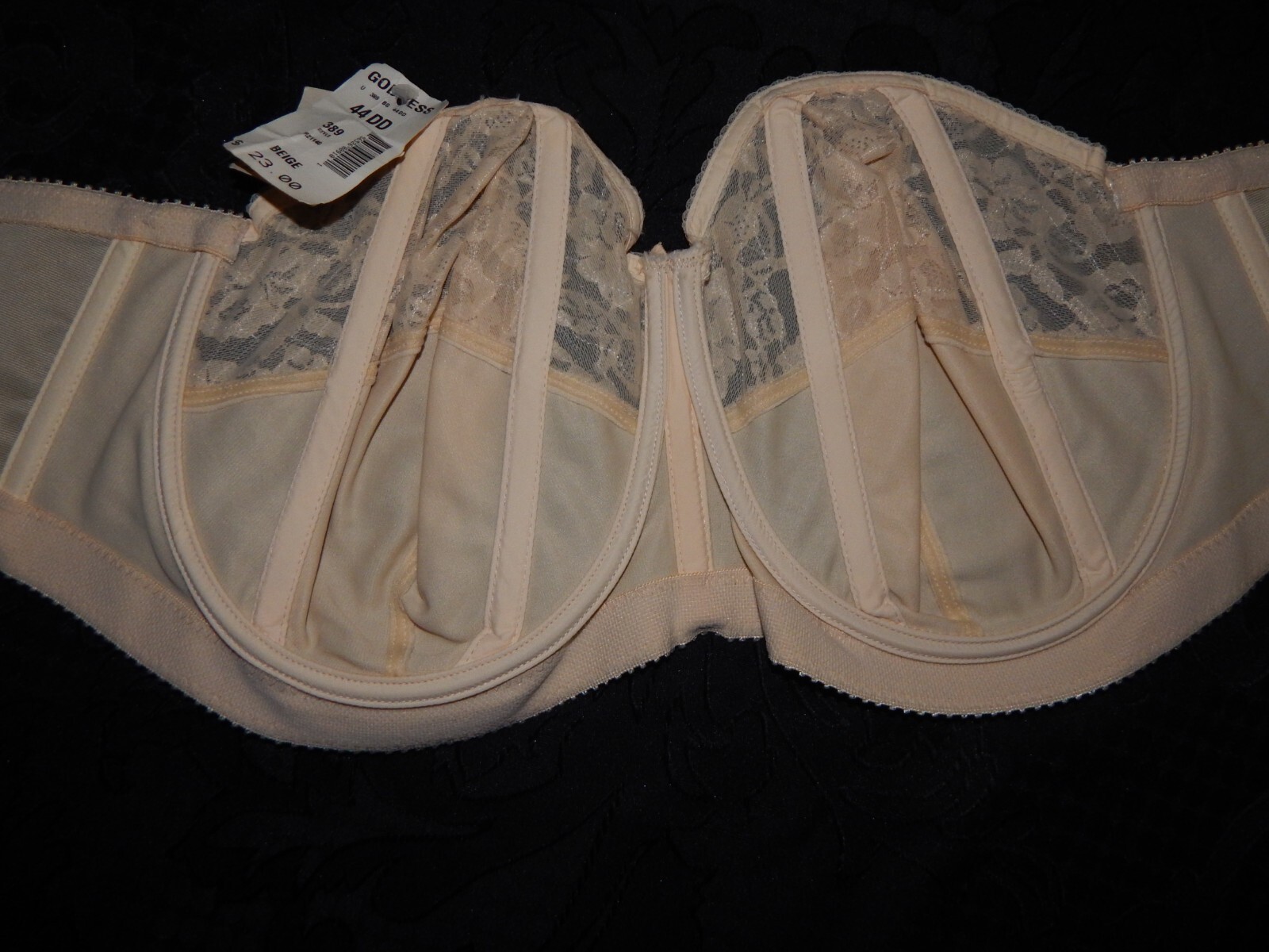 NOS 1970s Goddess Floral Lace Underwire Strapless 44DD Bra-Beige-Style 389-USA