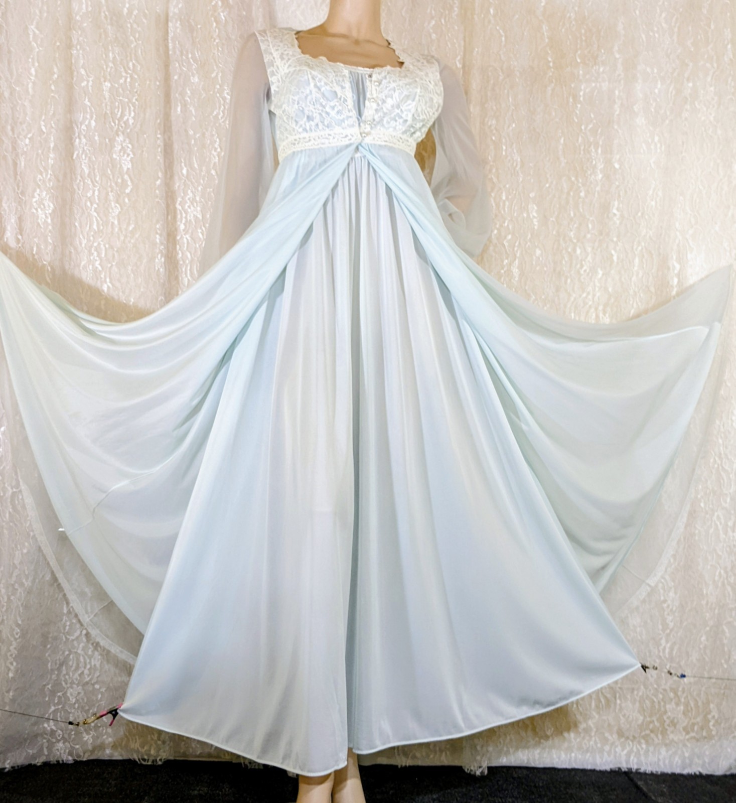 VTG Olga Stretch Full Sweep Lace Lingerie Nightgown Chiffon Peignoir Robe Set S