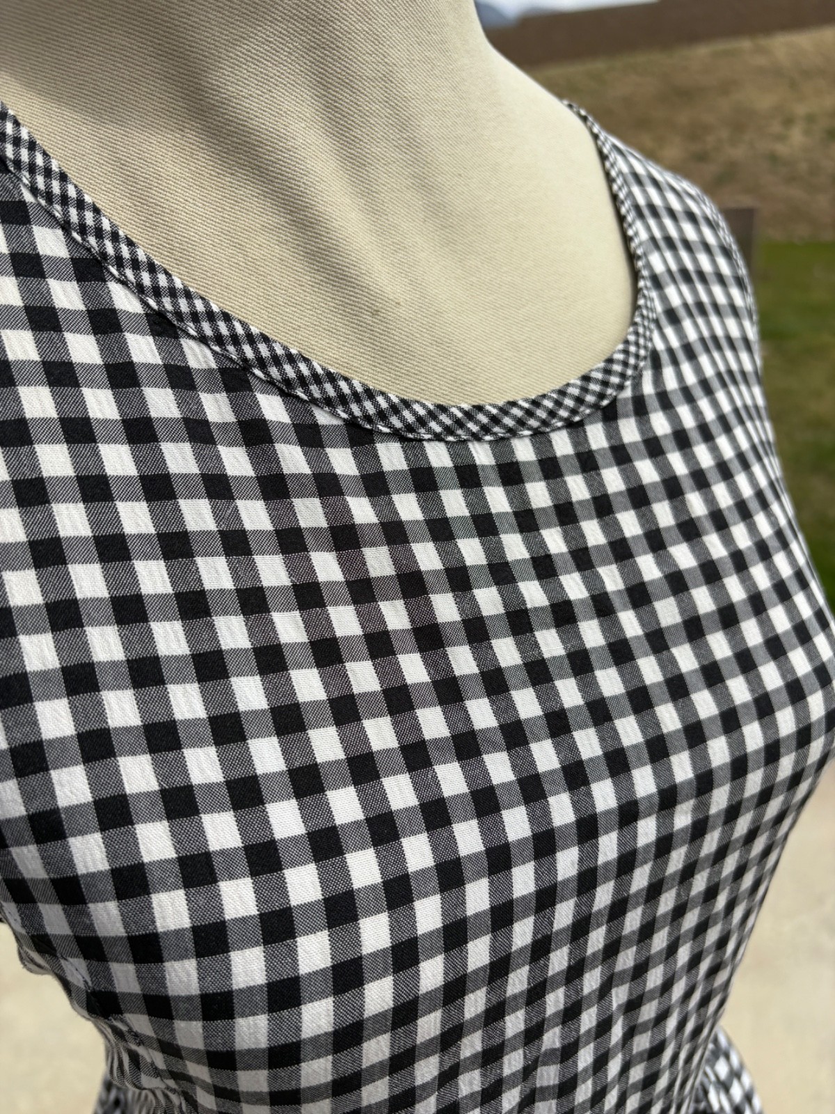 Vintage Teacher Cottagecore Gingham Jumper Dress Bow Midi M/L Black White 90s
