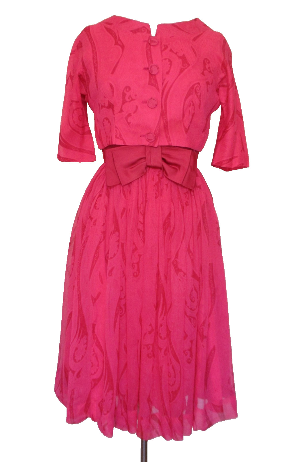 Vintage 50s L&rsquo;Aiglon Women&rsquo;s 2 Pc Pink Silk Chiffon Dress & Jacket Suit Set S