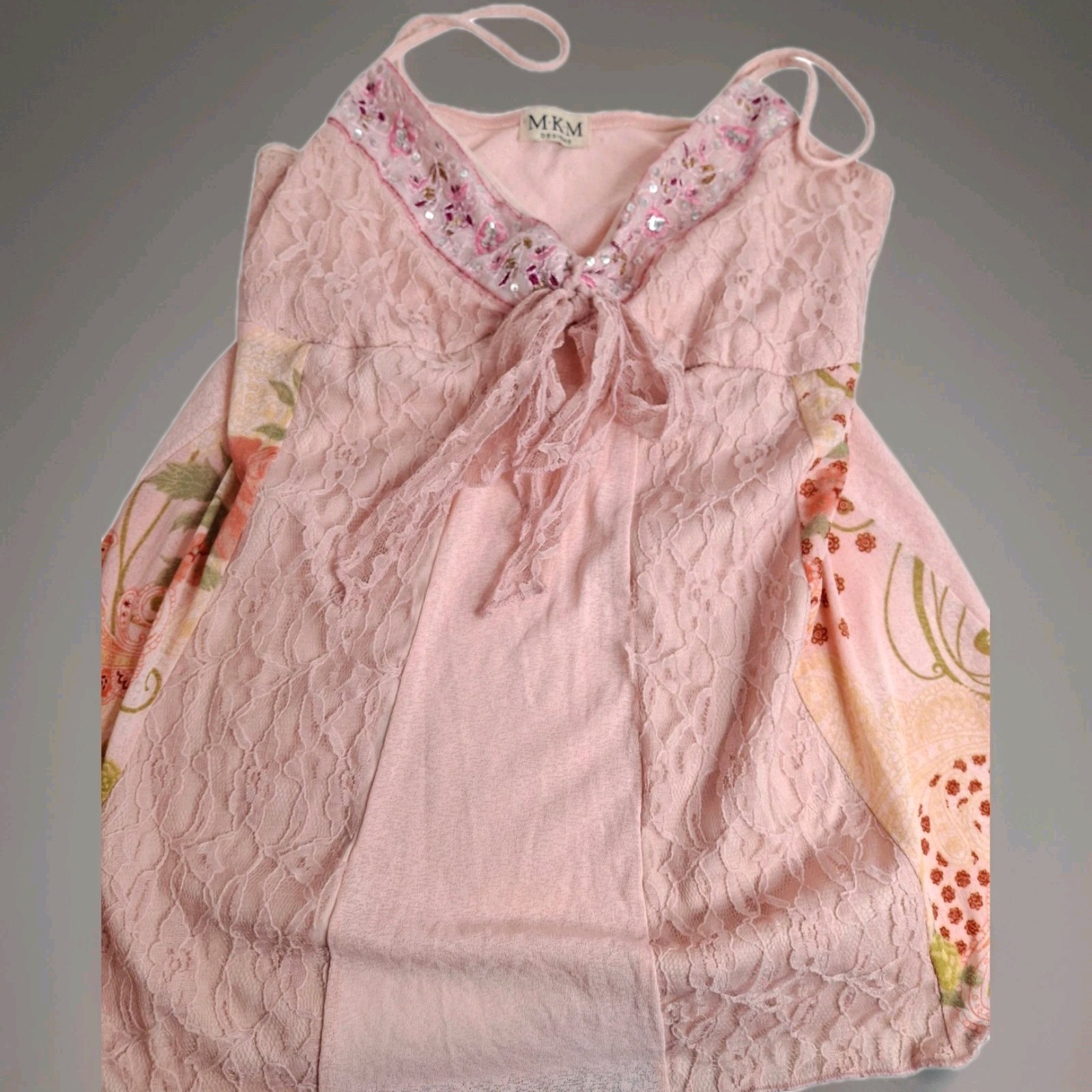 Vintage Babydoll Top stretchy Lace Embellished Y2k Pink Coquette M/L Barbiecore
